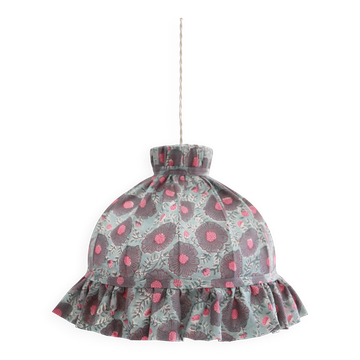 Suspension vintage recyclée — Carcasse dôme et habillage fleuri gris-bleu