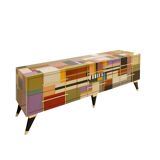 Mid Modern Style Italian Sideboard, Solid Wood & Colored Glass, Six Drawers