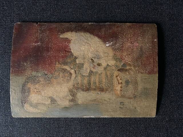 Small old signed painting, scene of cats, oil on panel, 1900