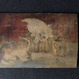 Petit tableau ancien signé, scène de chats, huile sur panneau, 1900