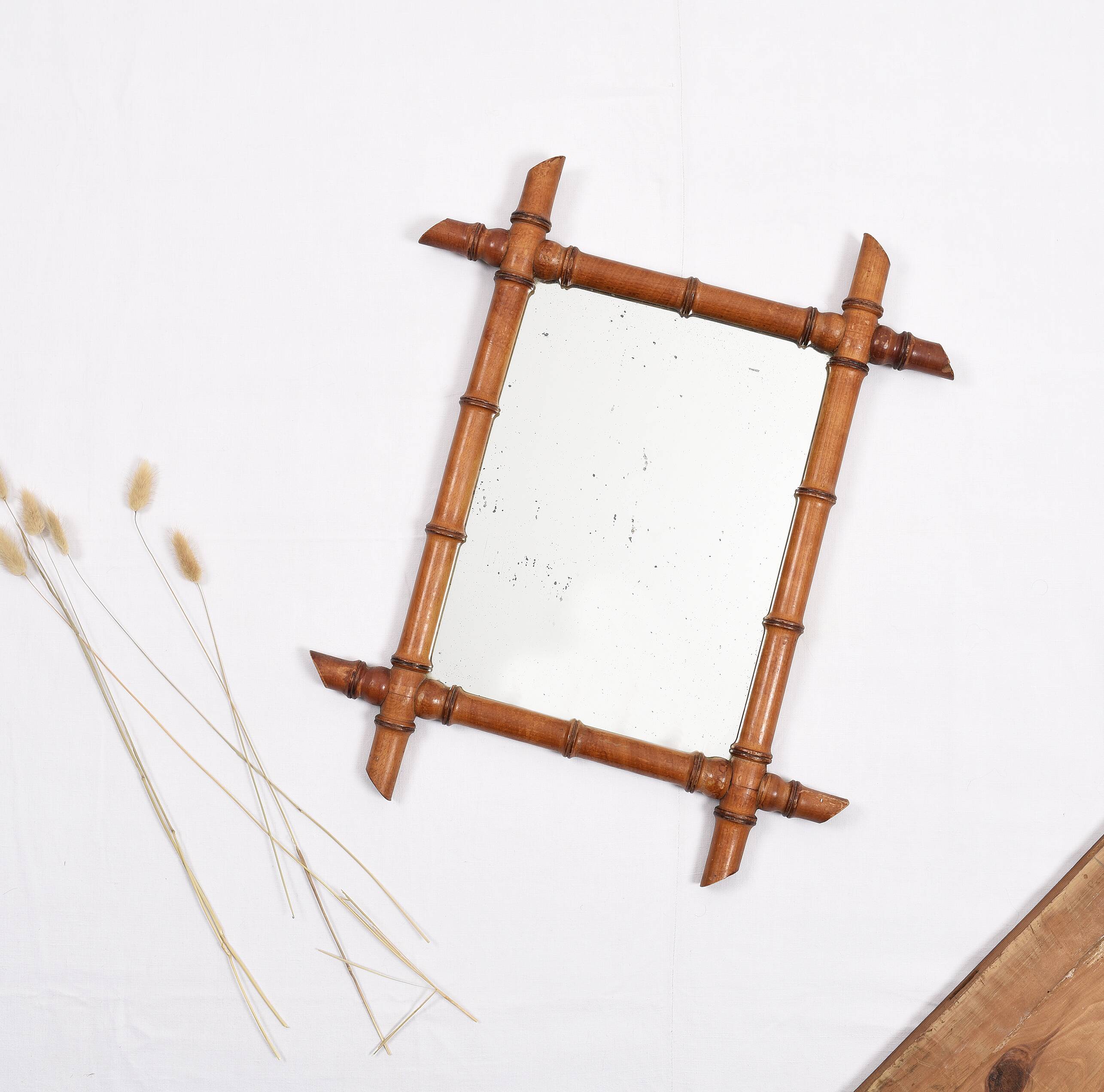 Old turned wooden mirror, bamboo imitation
