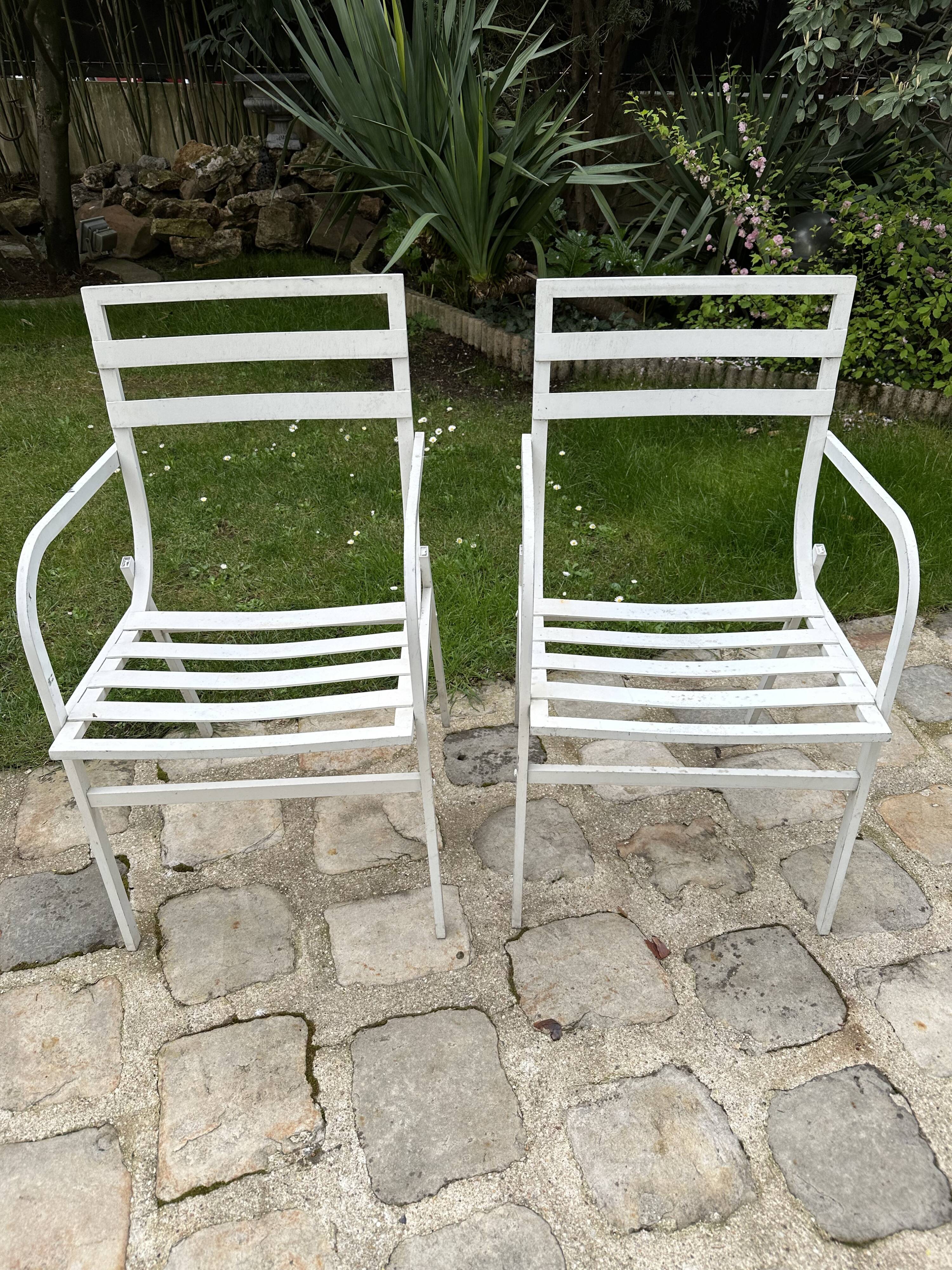 Pair of garden armchairs in white lacquered aluminum - HUGONET