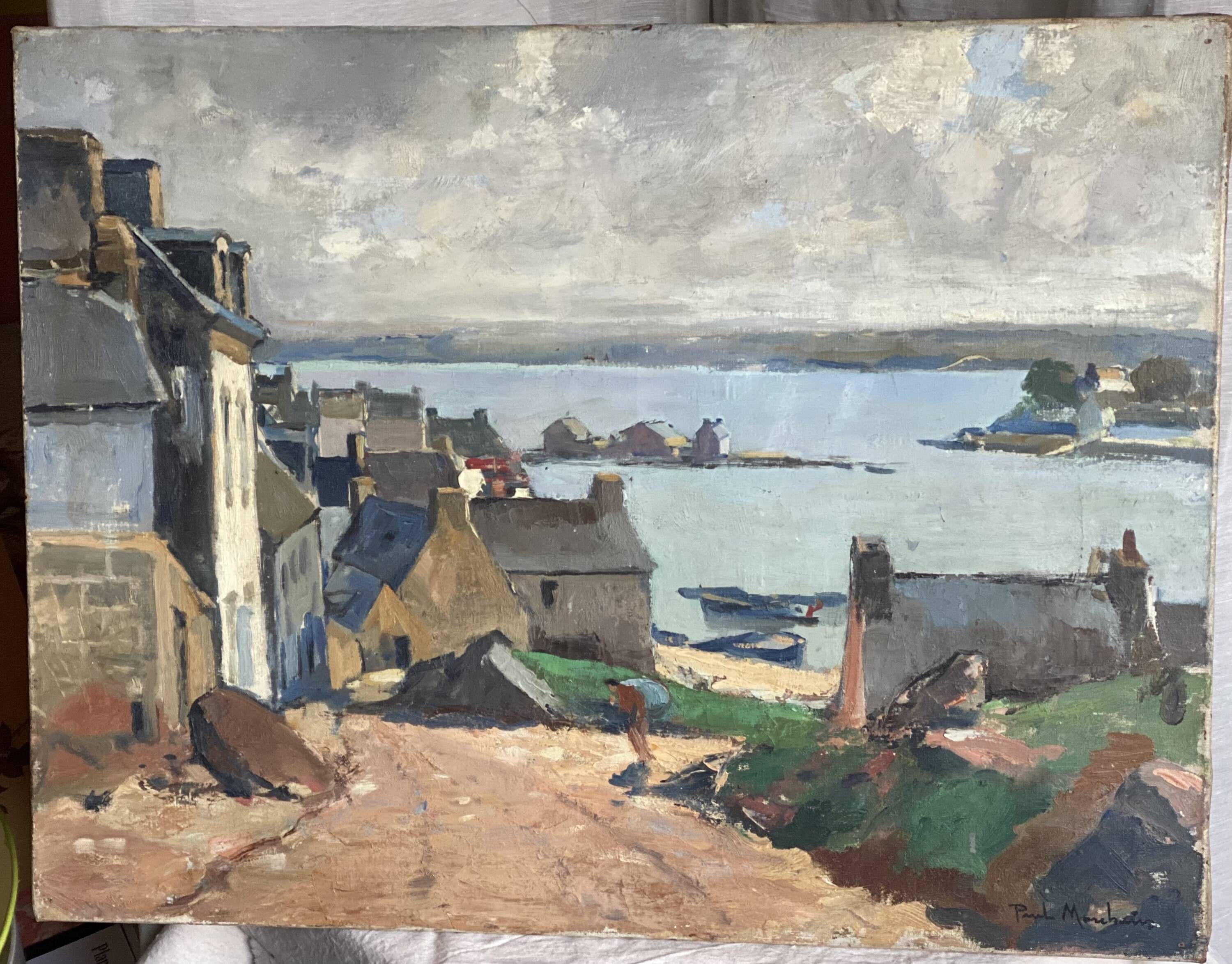 Painting by Paul Morchain, village on the Breton coast (Finistère) and fisherman