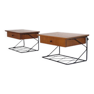 Pair of hanging bedside tables in teak and metal, 1960