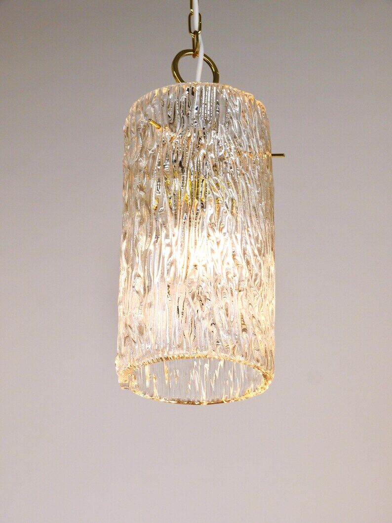 J.T. Kalmar Vienna Midcentury Textured Ice Glass Tube Brass Pendant Lamp, Austria, 1950s
