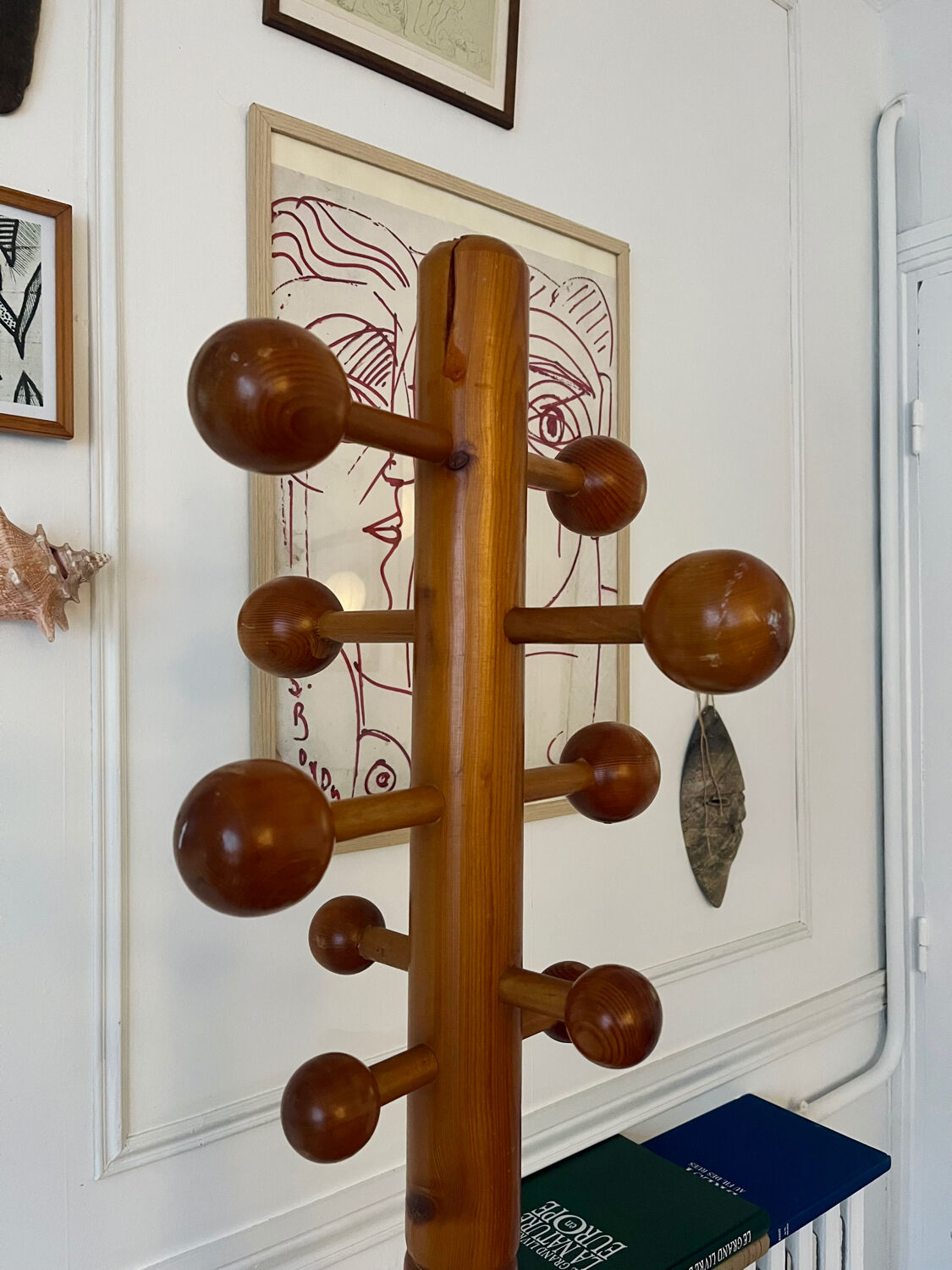 Pine coat rack with 10 hooks, 1970s.