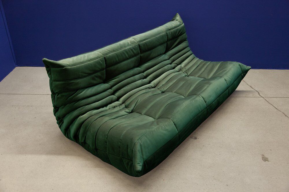 Bottle green velvet Togo living room set by Michel Ducaroy for Ligne Roset, set of 5