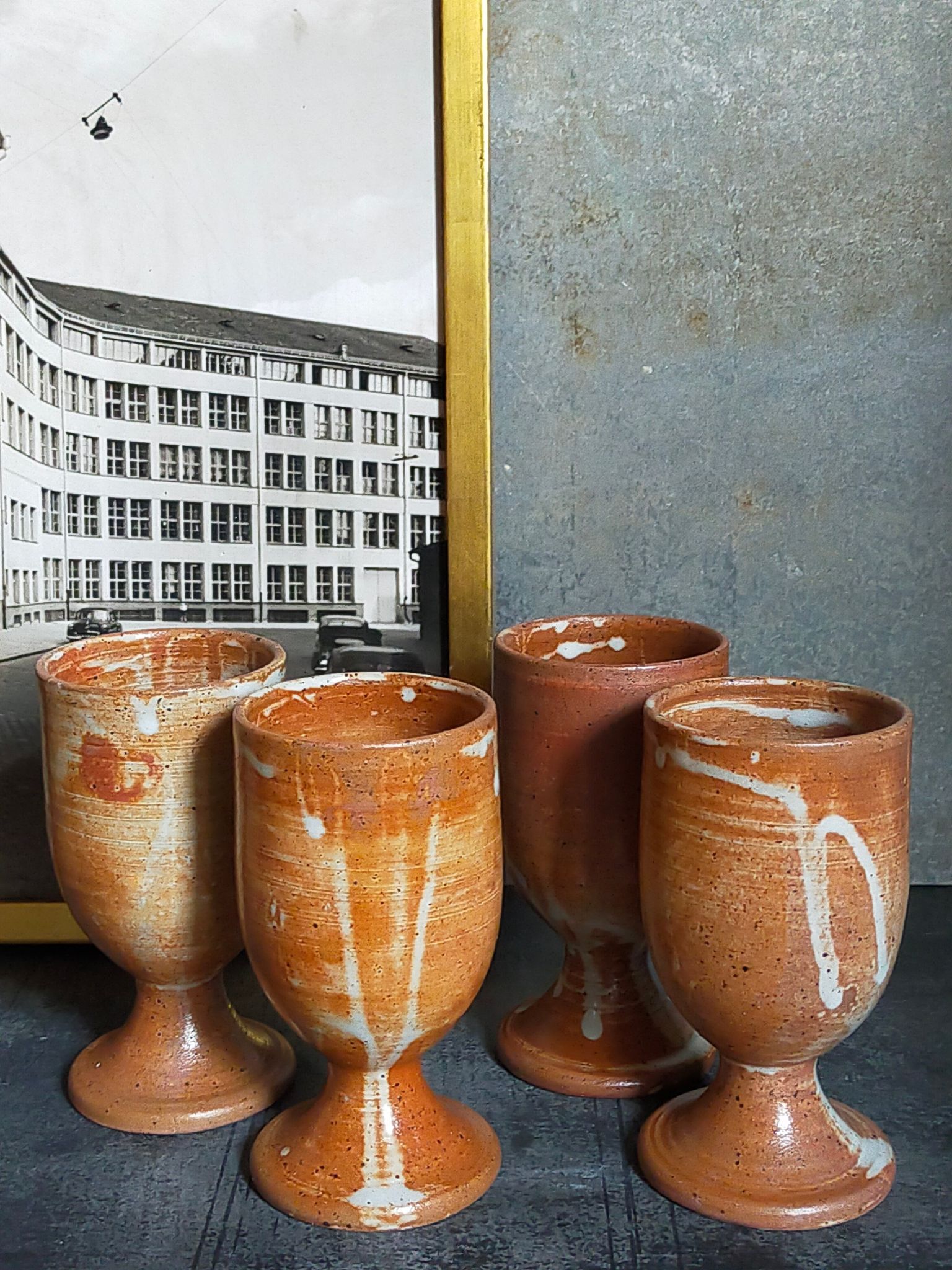 Four potter's mugs turned in vintage light stoneware