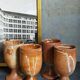 Four potter's mugs turned in vintage light stoneware
