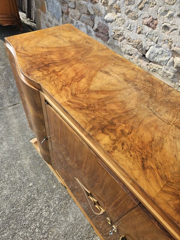 Buffet Art Déco français - Buffet en bois d'orme en placage brillant - Années 30