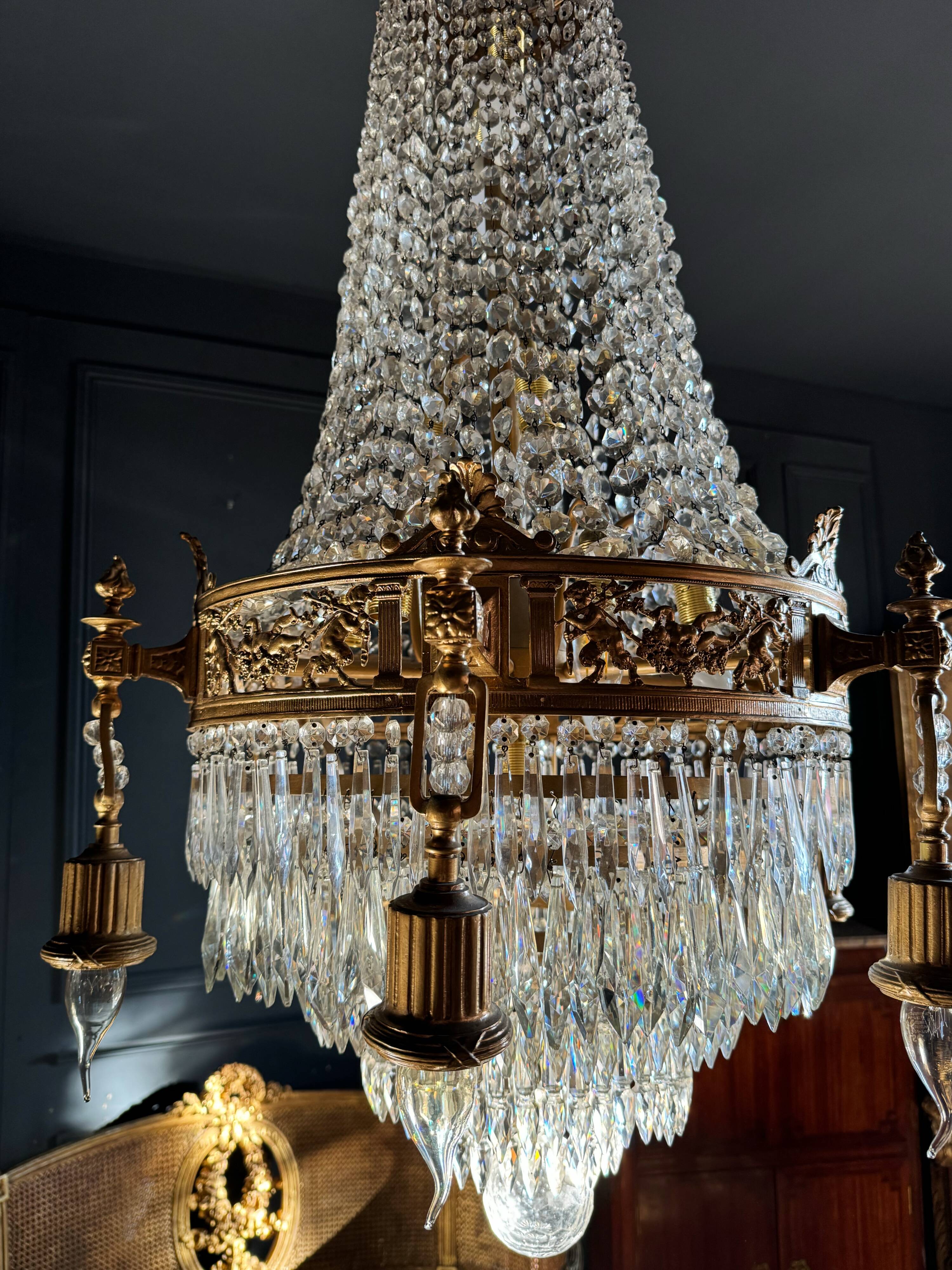 19th Century Louis XVI Style Gilt Bronze Chandelier With Crystal Tassels - H125cm