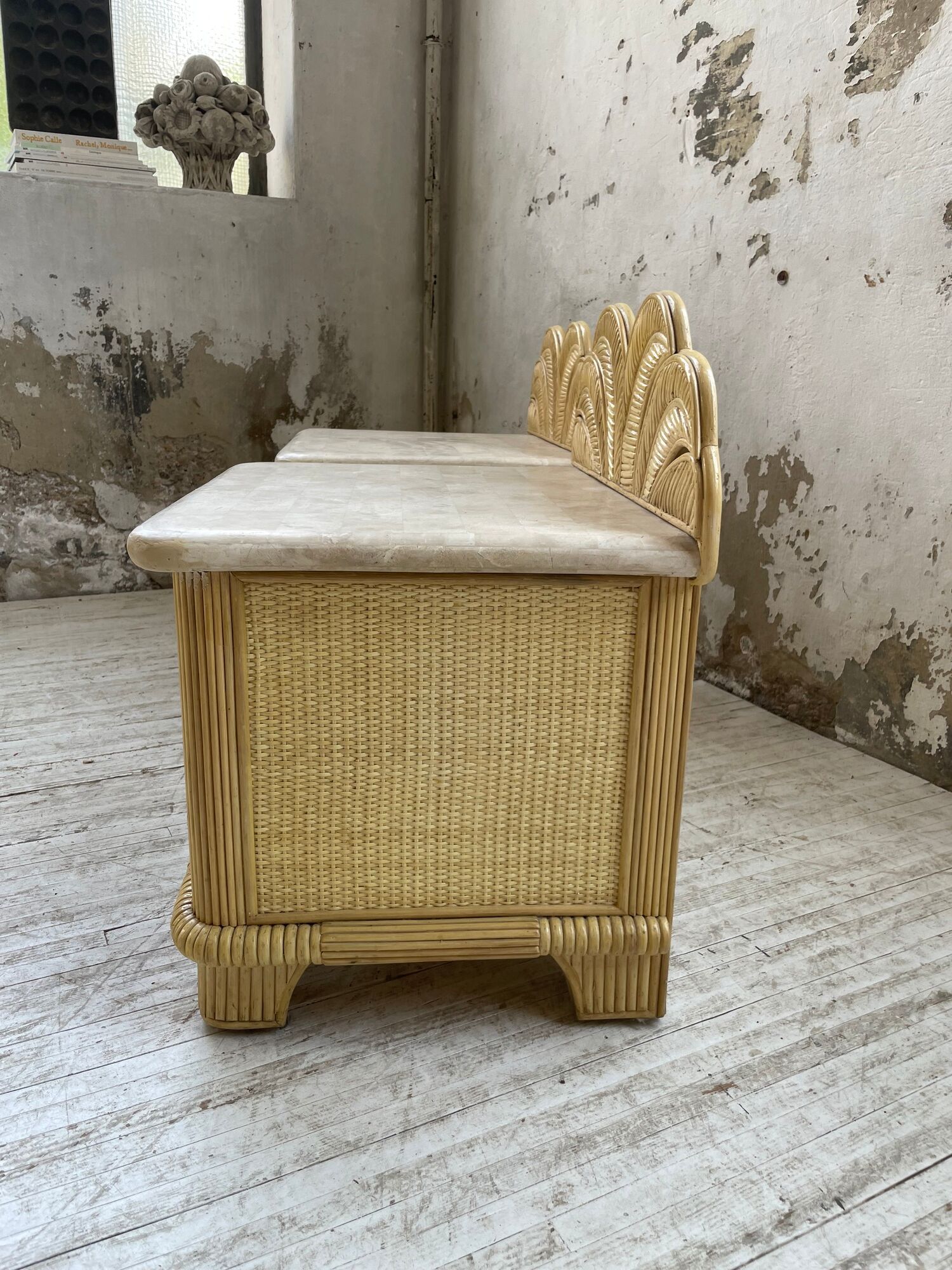 Pair of travertine bedside and rattan palm tree "vivai del sud"
