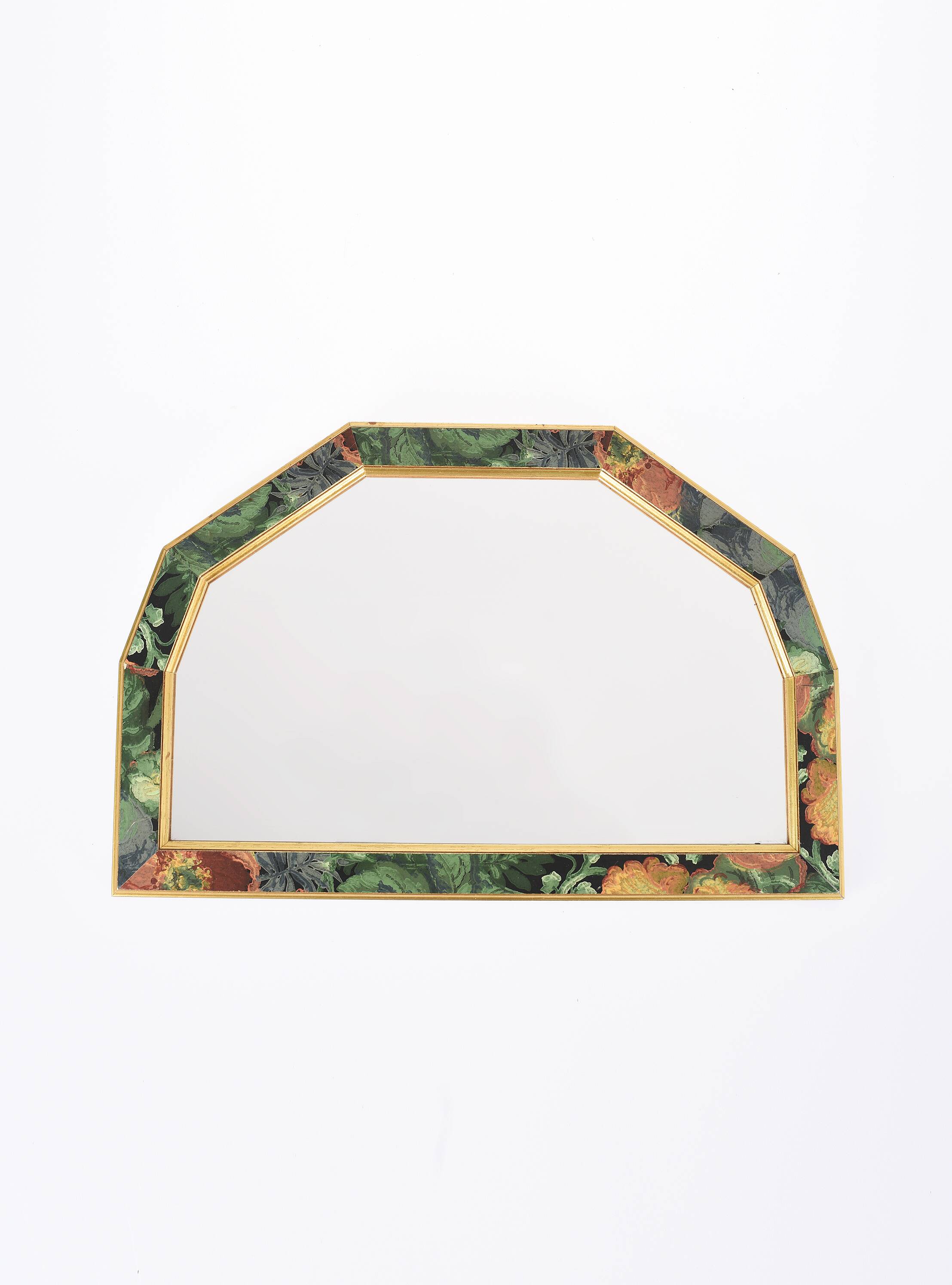 Old vintage octagonal mirror, floral patterns, green and gold