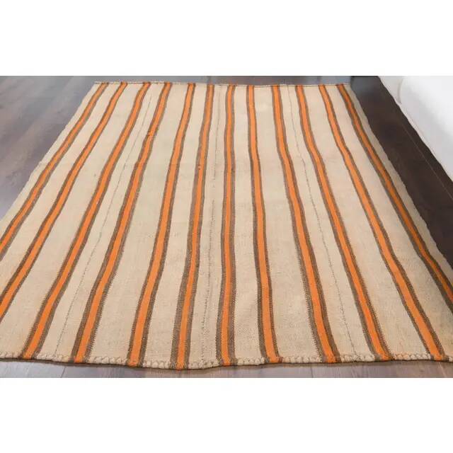 Vintage Turkish Hand-Knotted Wool Cotton Beige Kilim Area Rug 140x184