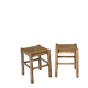 Pair of antique stools in raw solid wood with straw seats.