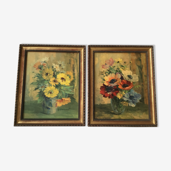 Paire de tableaux bouquet de fleurs G Donnet