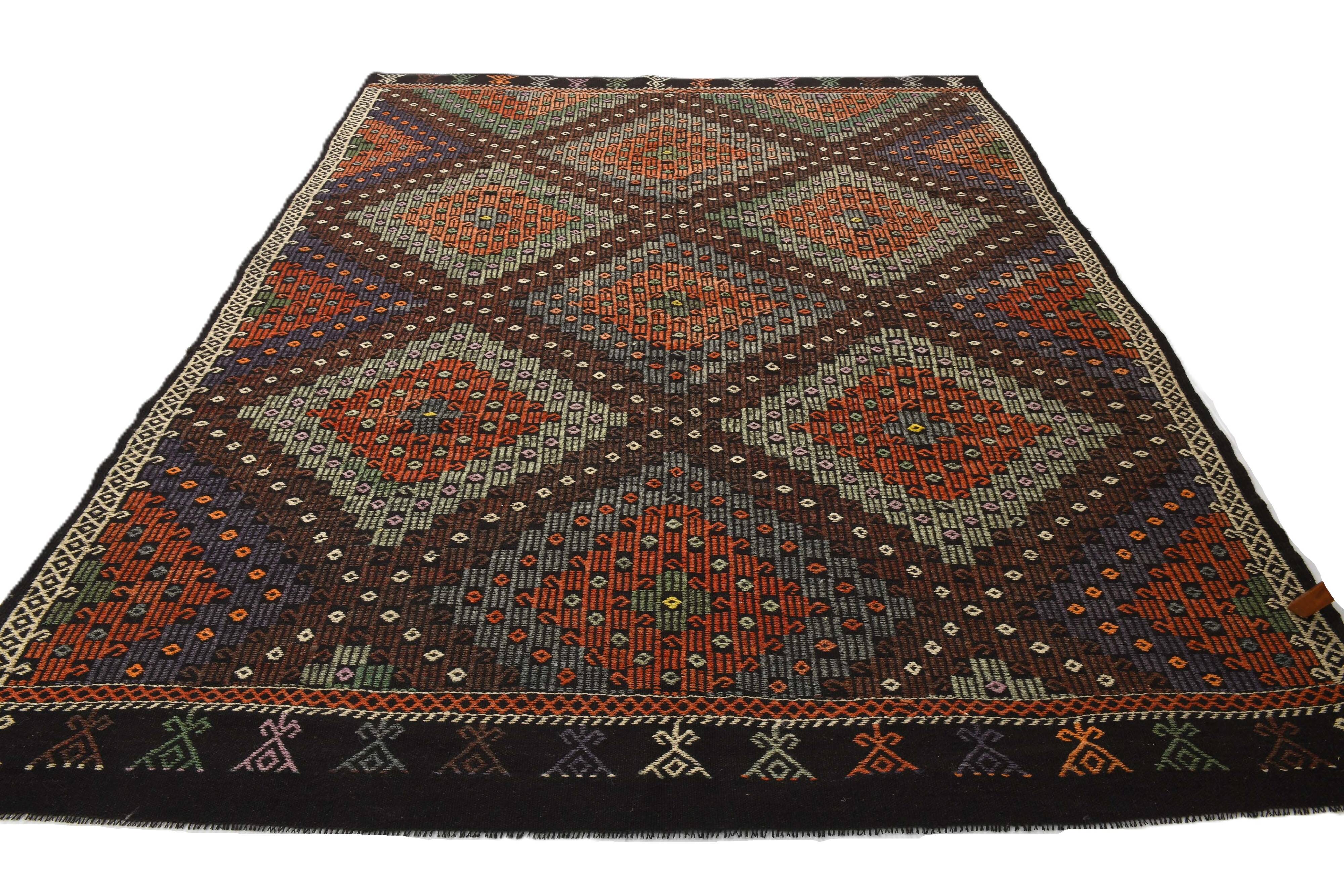 Tapis Kilim vintage fait main bordeaux et vert 7x10, 220x296 cm