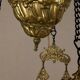 Antique lustre from the late 19th century, brass and opaline with floral decoration, 9 oil lights.