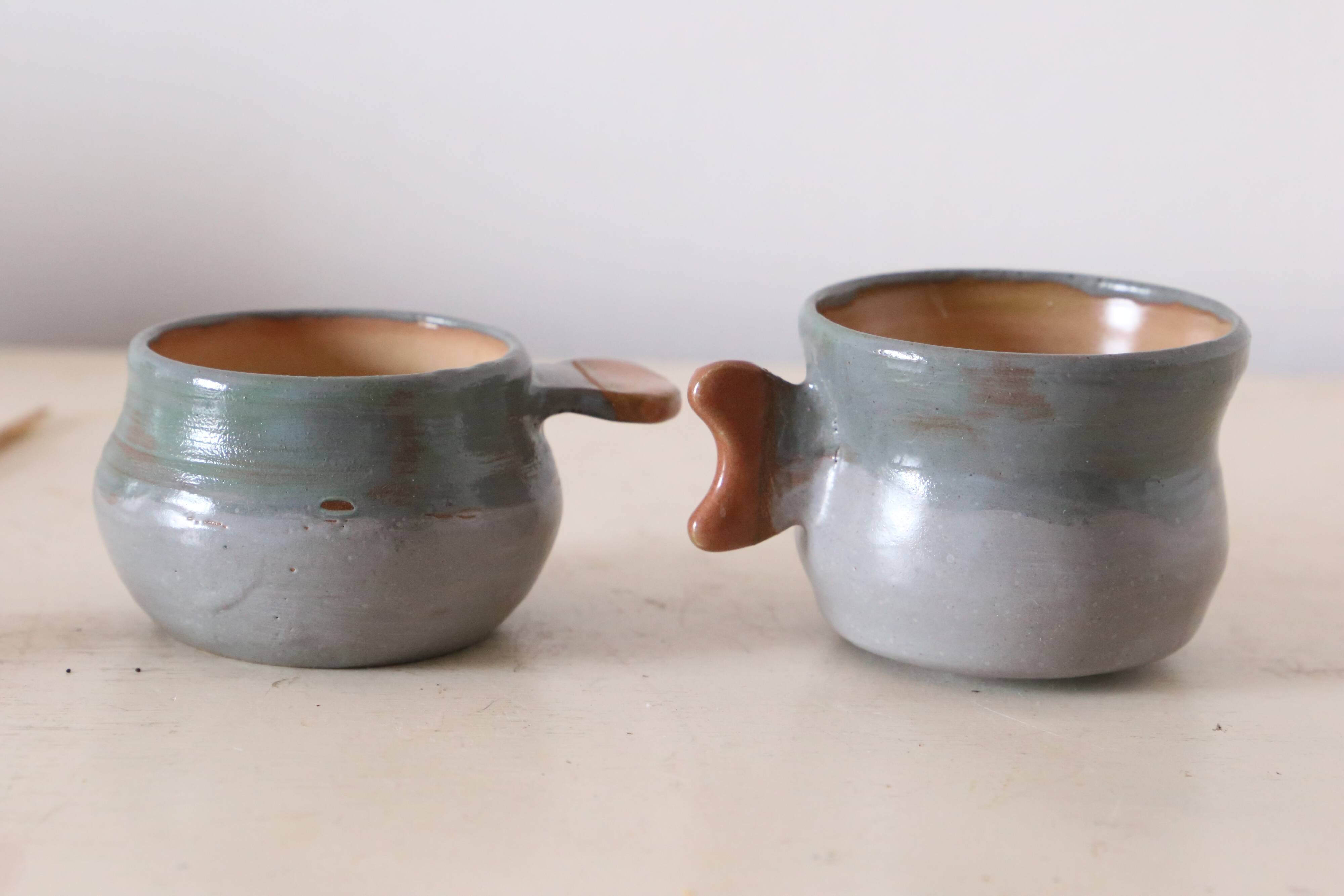 Set of 2 sandstone cups, artisanal pottery, vintage, 1980