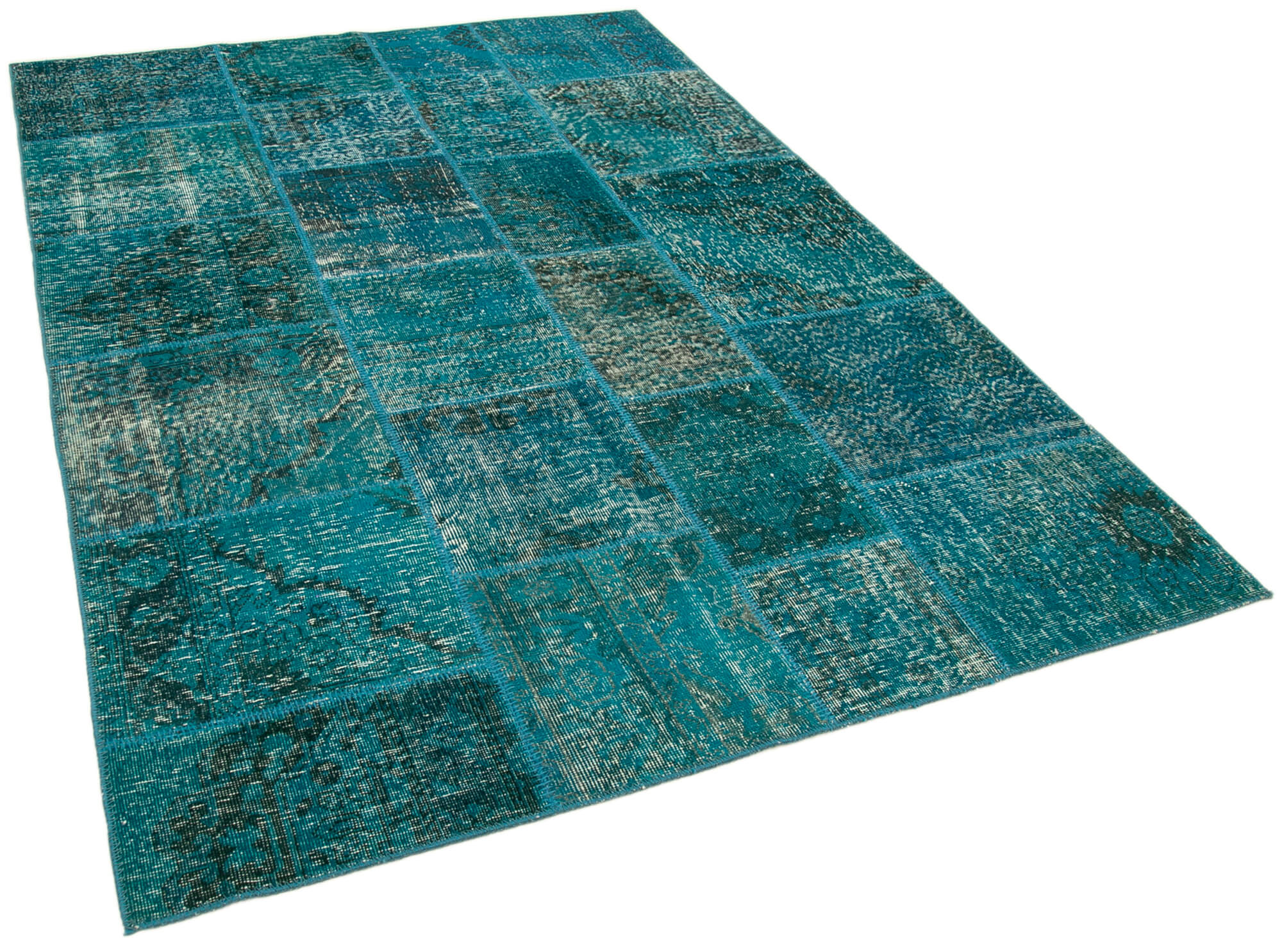 Handmade anatolian vintage 170 cm x 241 cm turquoise patchwork carpet