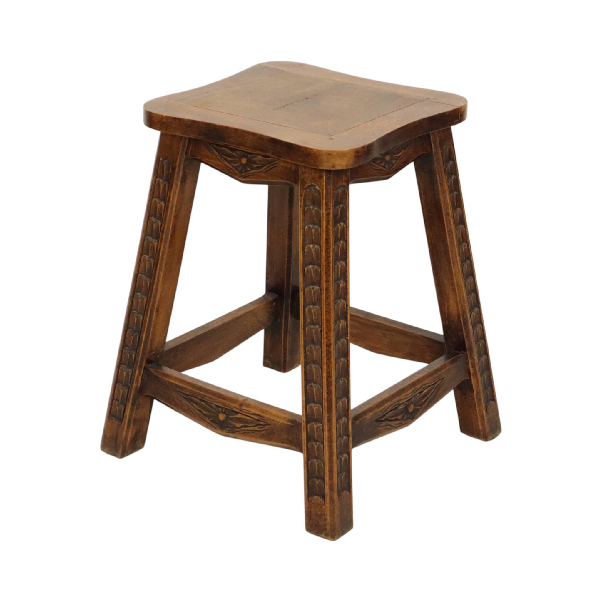 Characterful Solid Wood Vintage Stool Sculpted