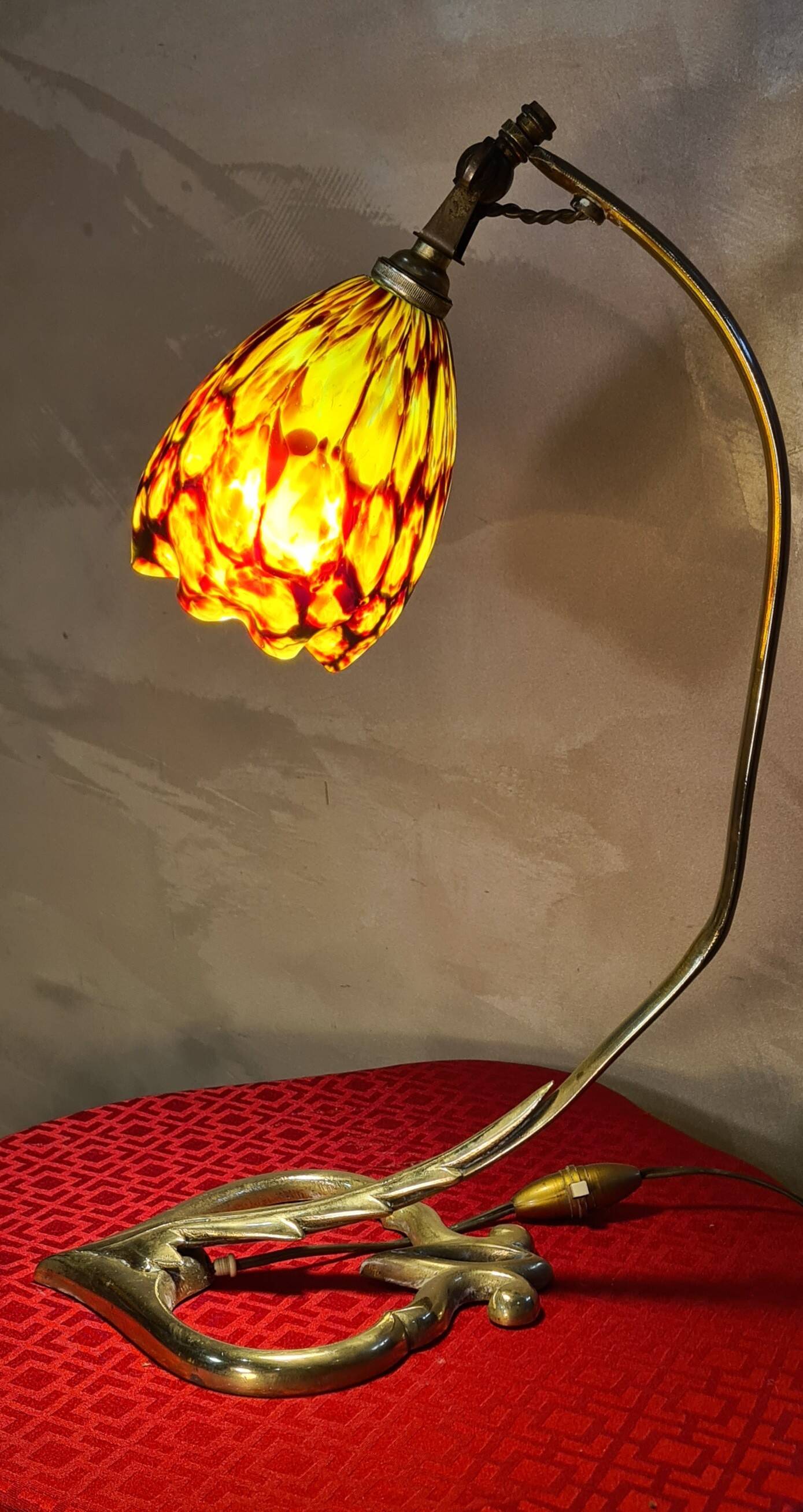 bronze and brass art nouveau lamp h 45x30 superb glass tulip 1930 elec