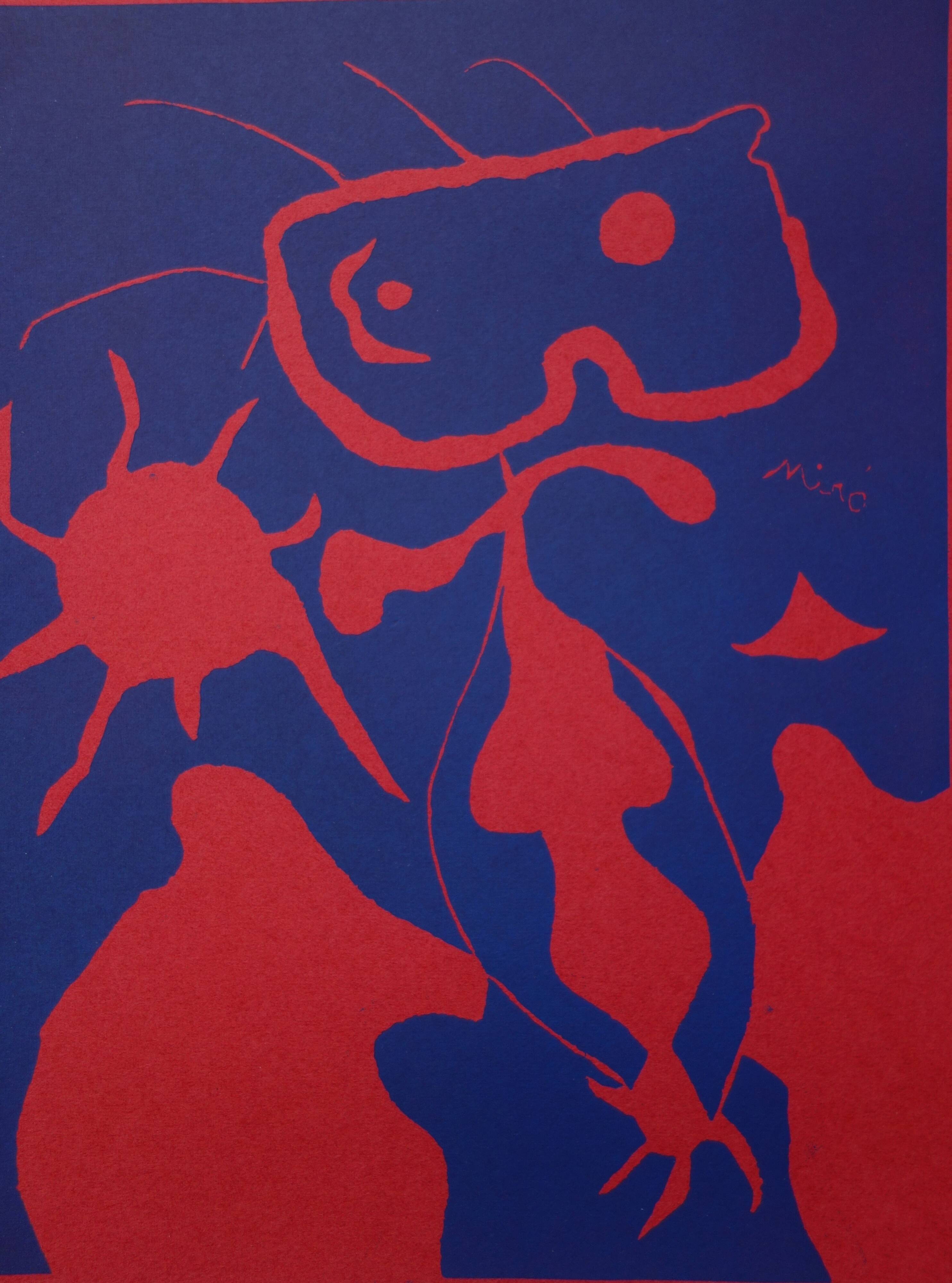 Joan miro: man with a red sun - original signed linocut