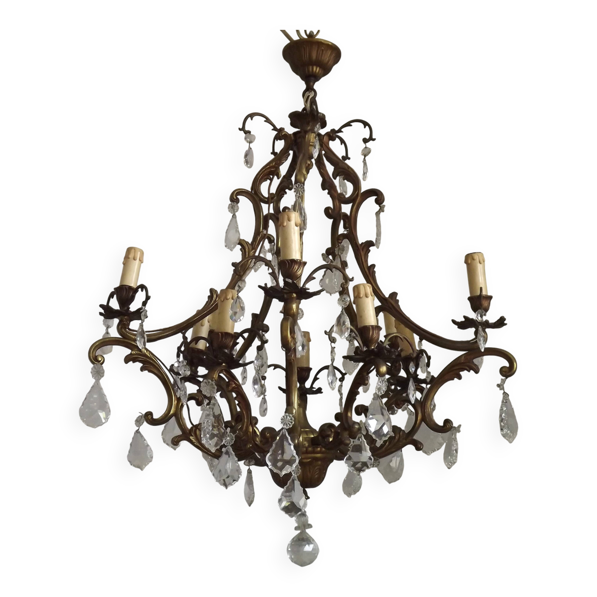 10 Light 5 Sided Bronze and Crystal Cage Chandelier