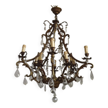 Chandelier en bronze et cristal à 10 lumières et 5 côtés