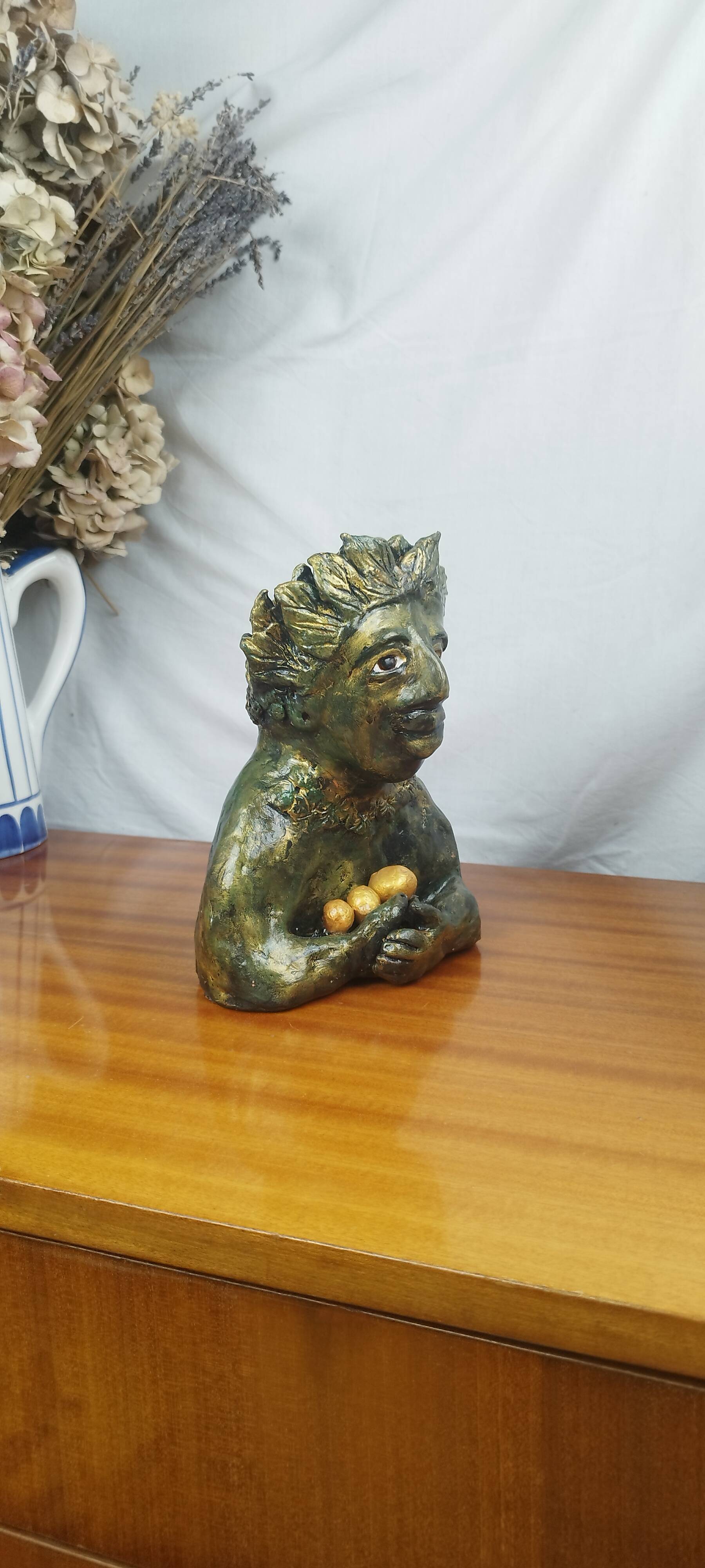 Clay sculpture of mother nature holding eggs, vintage modern figurative art