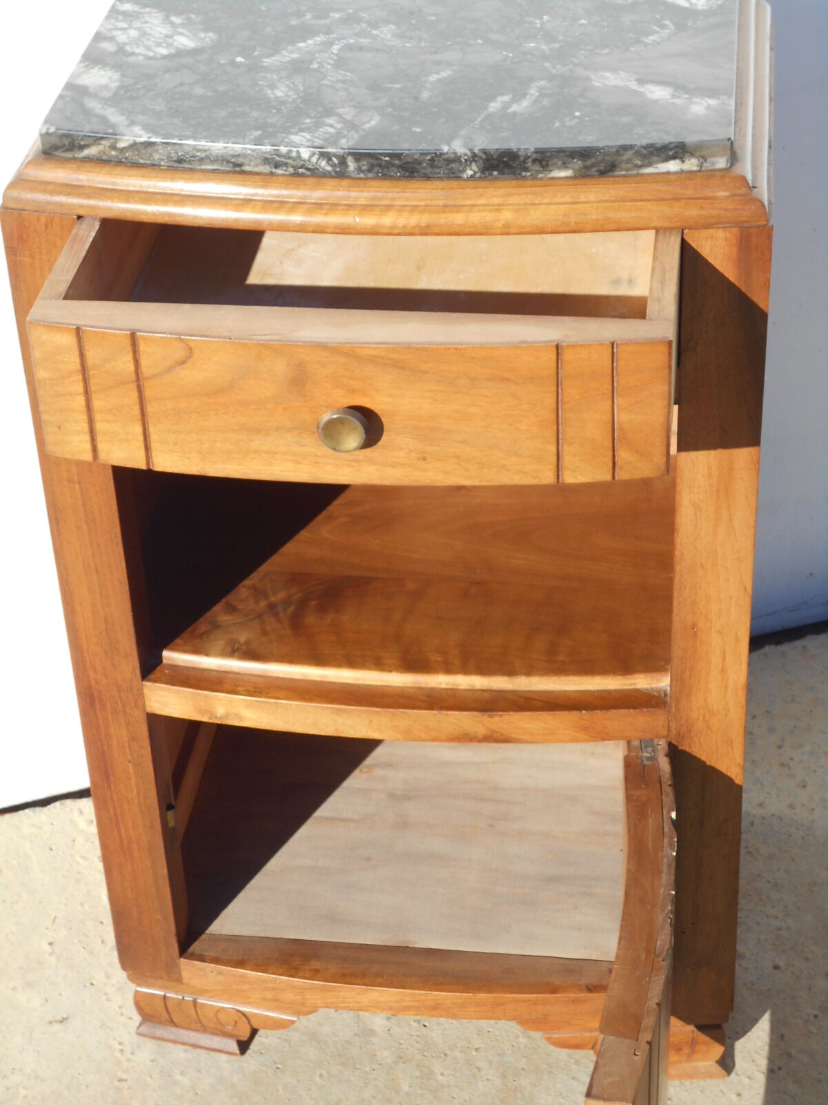 Solid walnut bedside table with marble plan, 50's