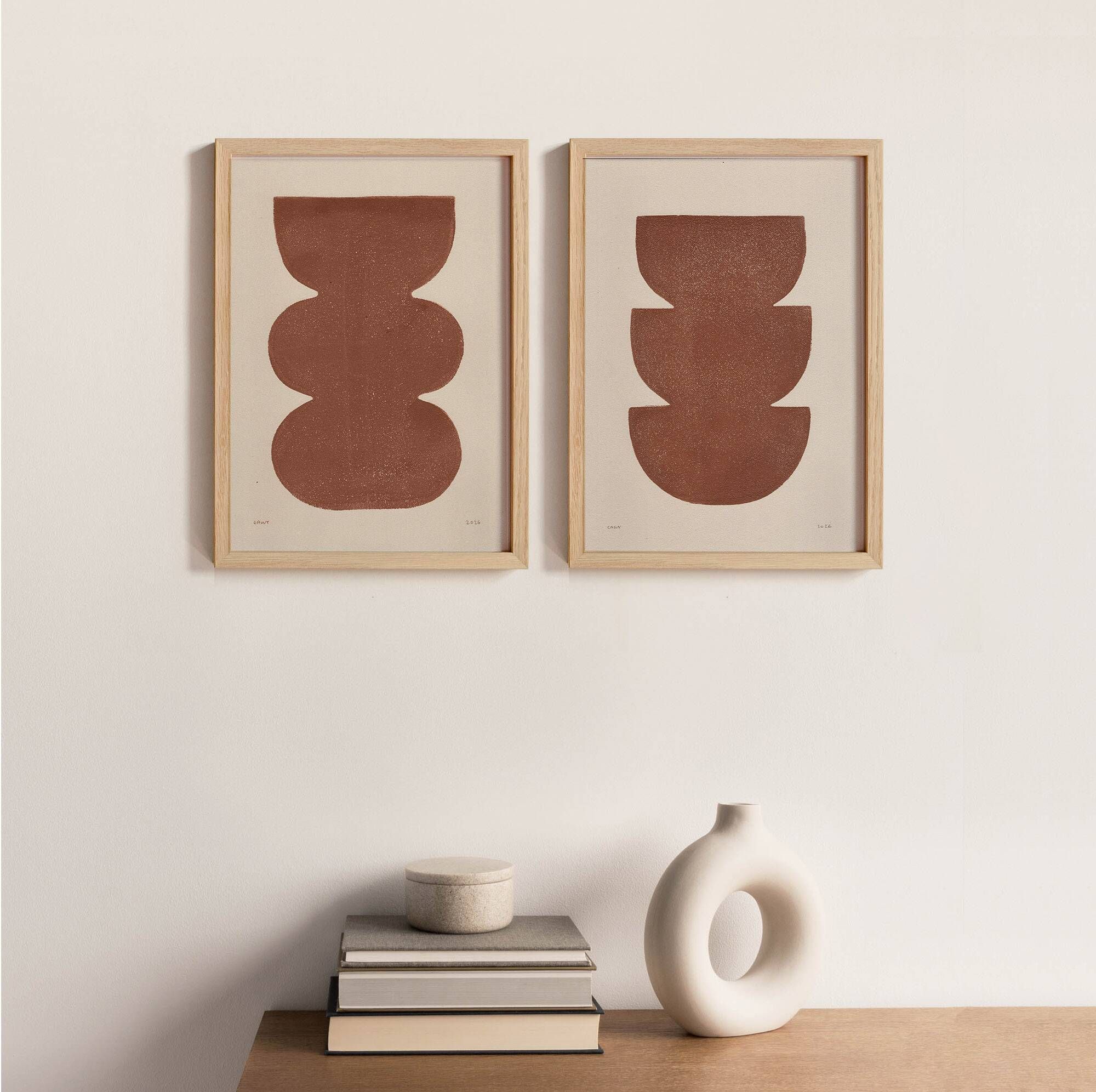 Duo of terracotta abstract paintings on paper signed Eawy.