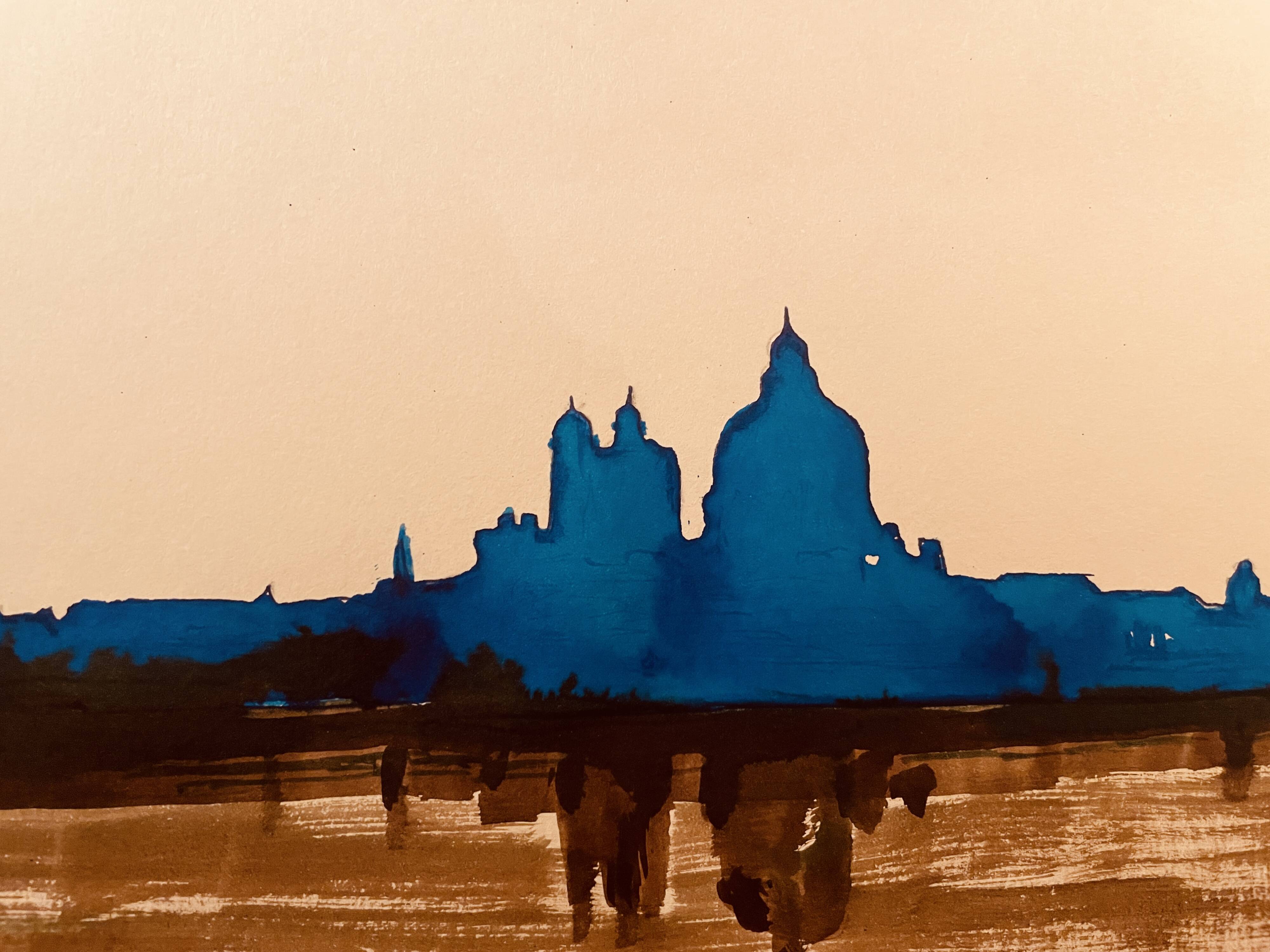 Signed watercolour painting in two colours "Twilight over Venice"