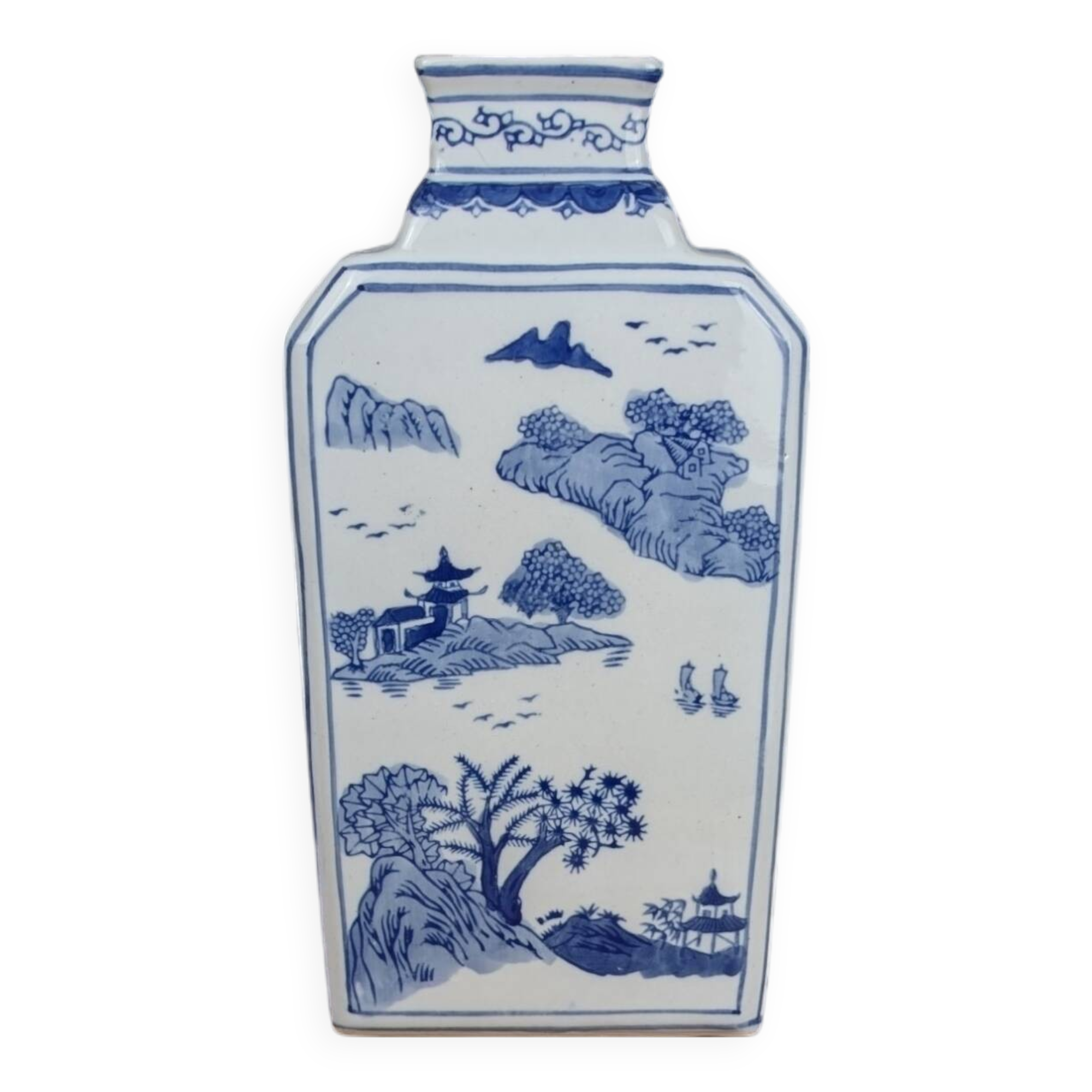 Rectangular Hue Blue Vase Vietnamese Landscape Decor 20th Century