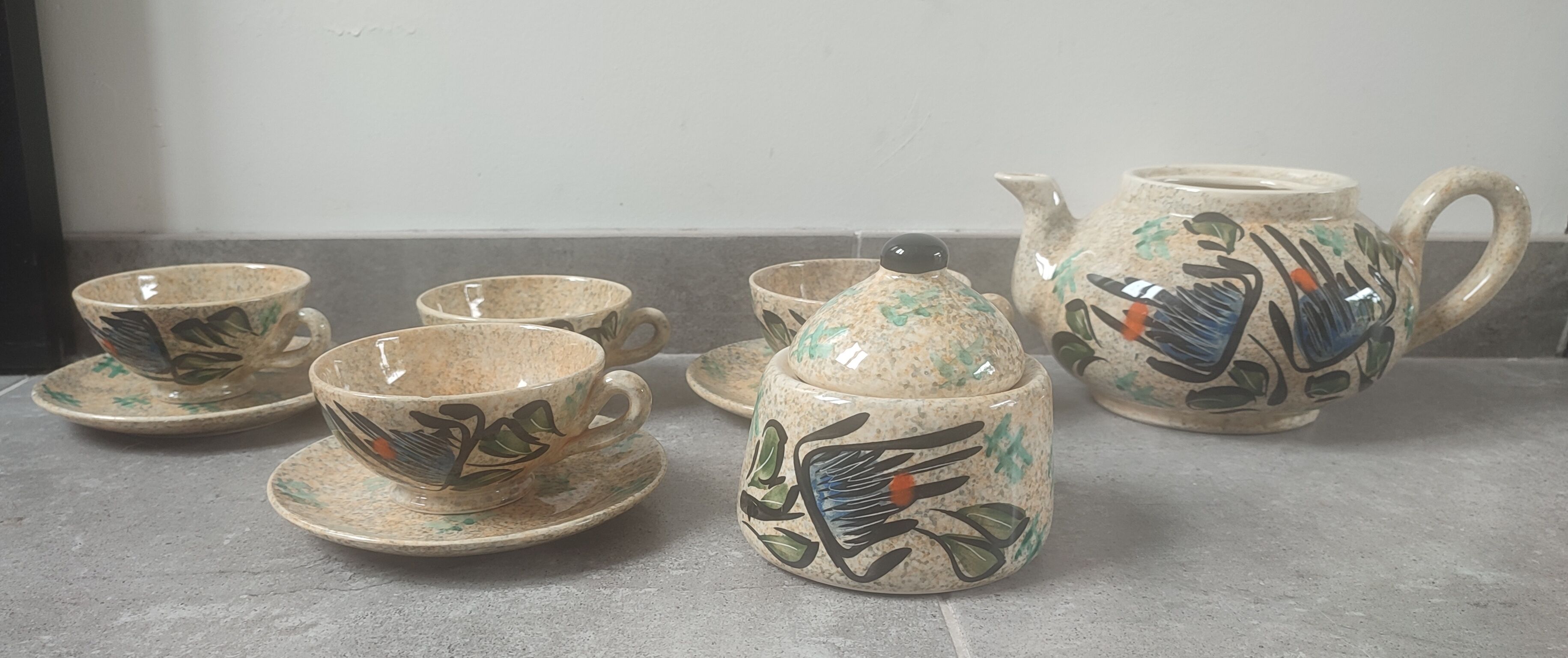 Large ceramic tea service signed Vallauris, vintage 1960.