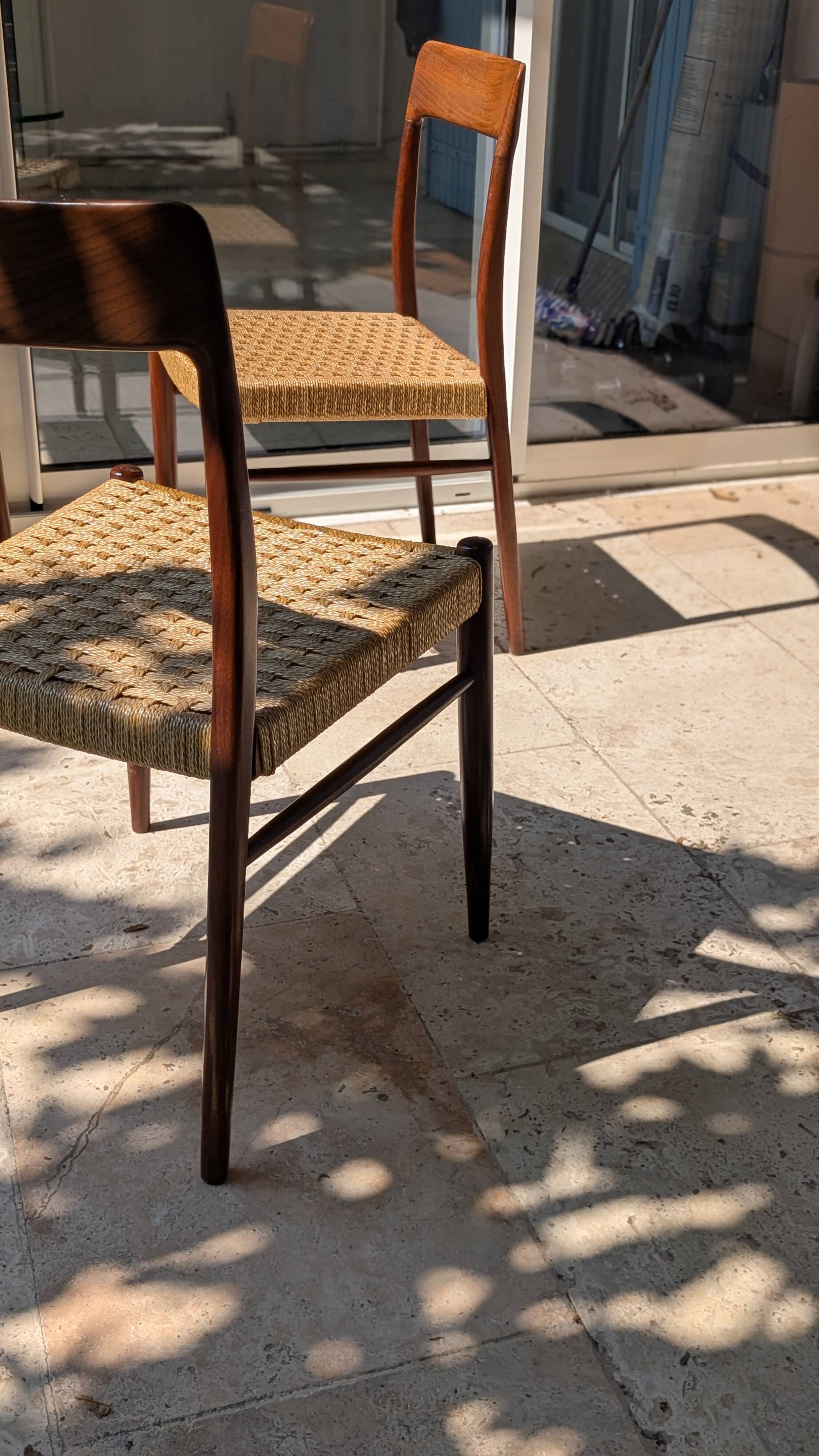 Set of 4 vintage teak chairs with weaving, Scandinavian, Mid-Century.