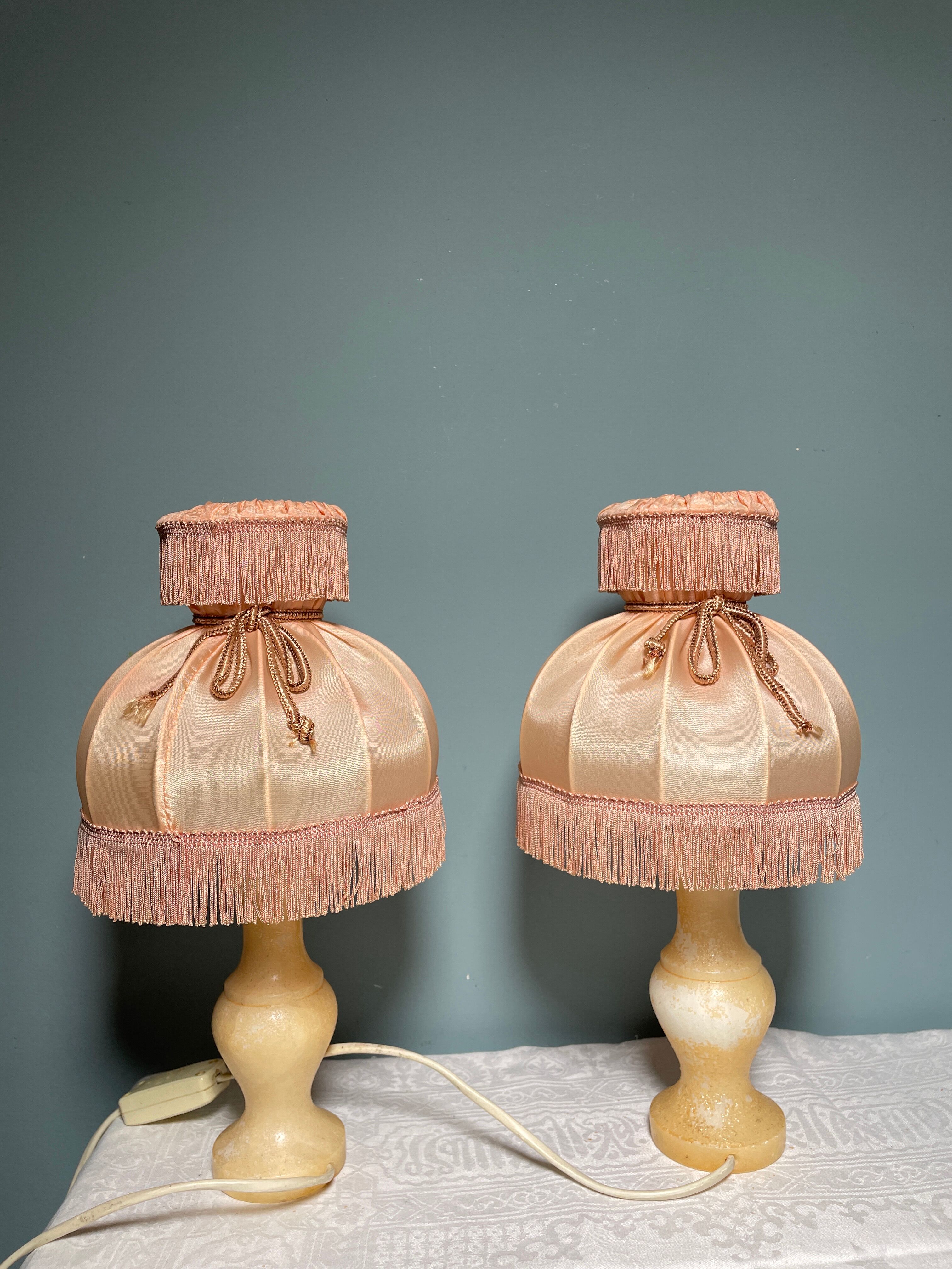 Pair of vintage bedside lamps with pink fringes