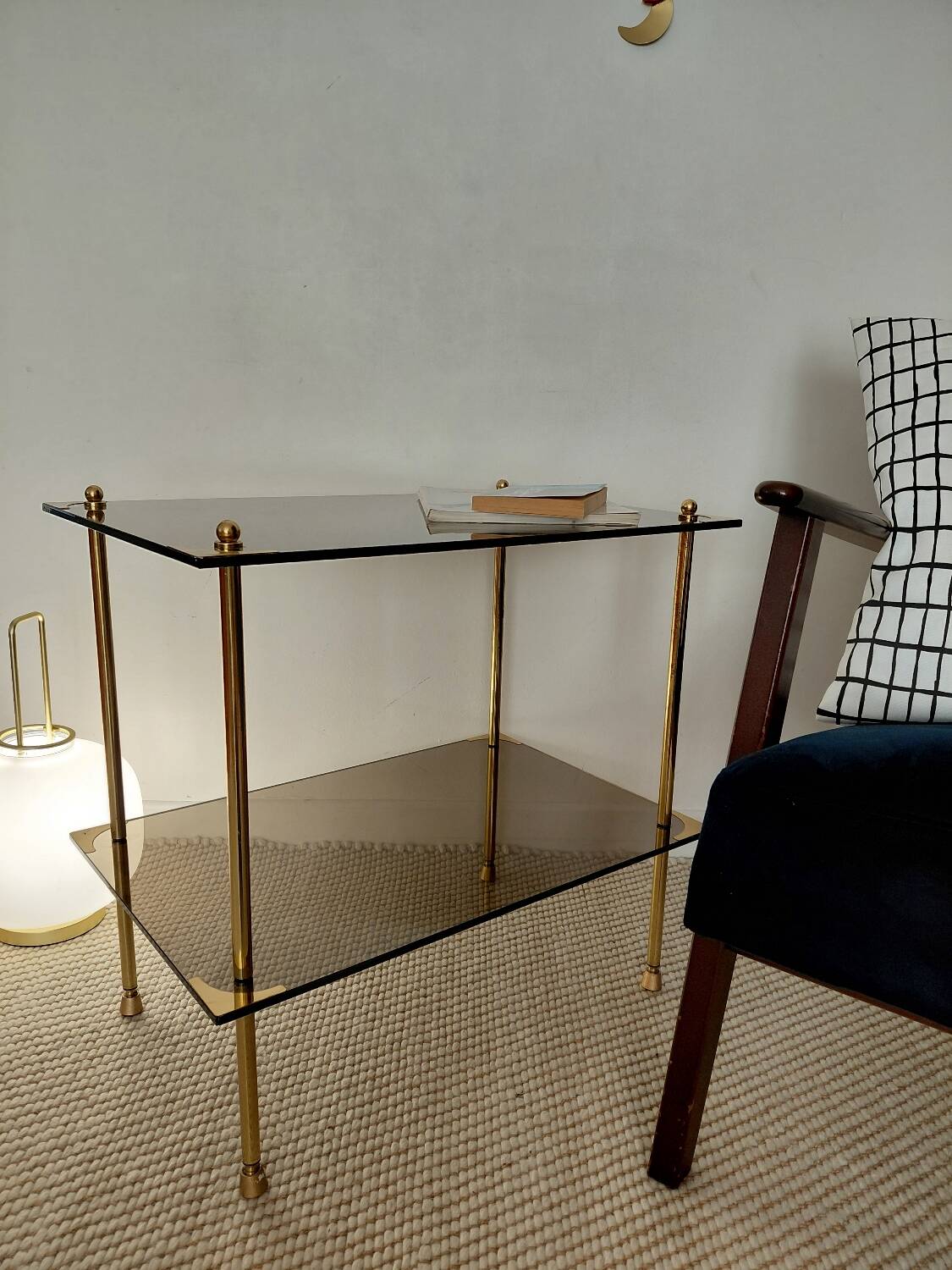 Modernist brass and smoked glass table - 1970s gallery style.