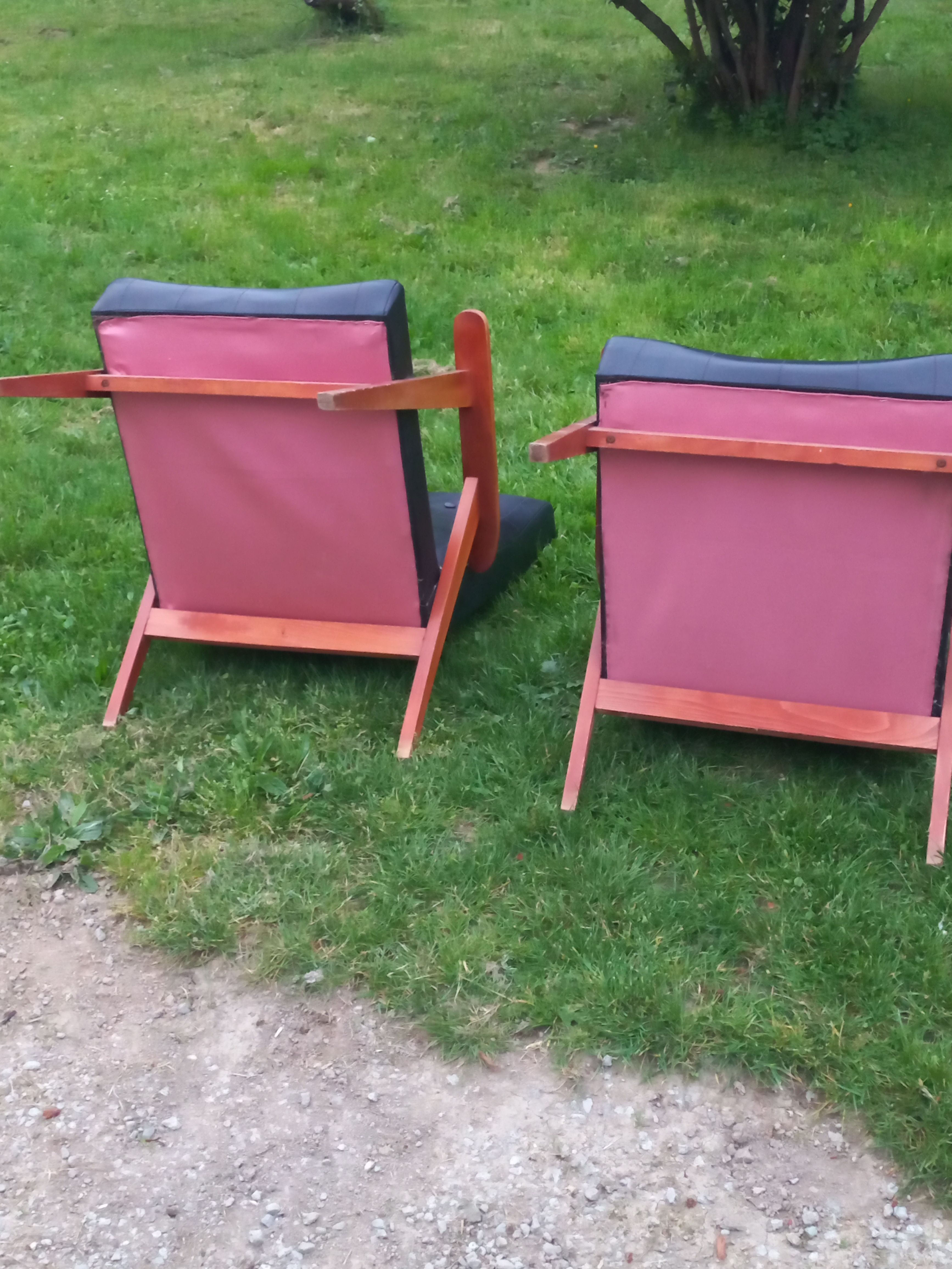Pair of vintage beech armchairs feet compass covered with black moleskine from the 50s