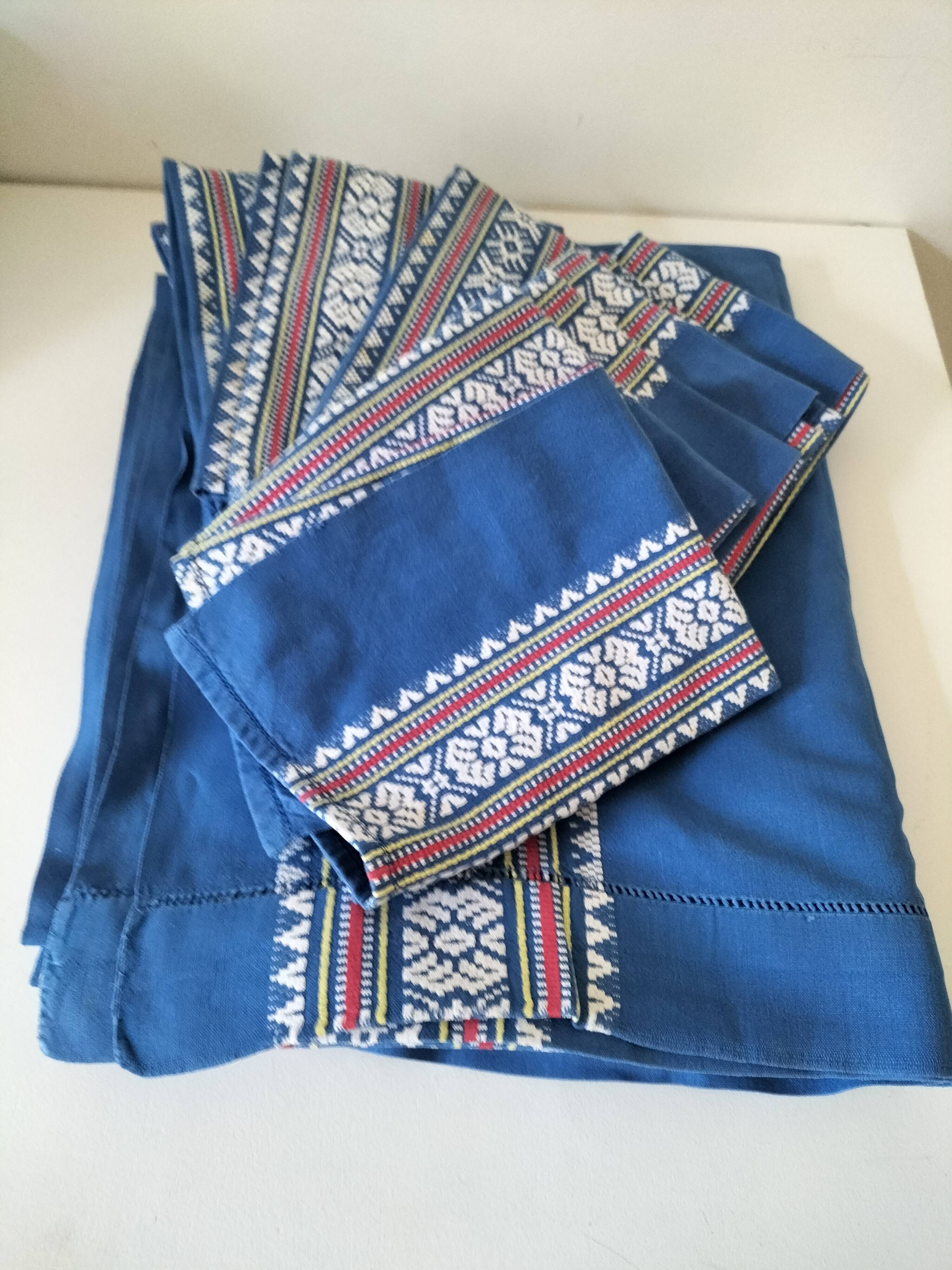 grande nappe et 11 serviettes vintage basque bleu indigo,