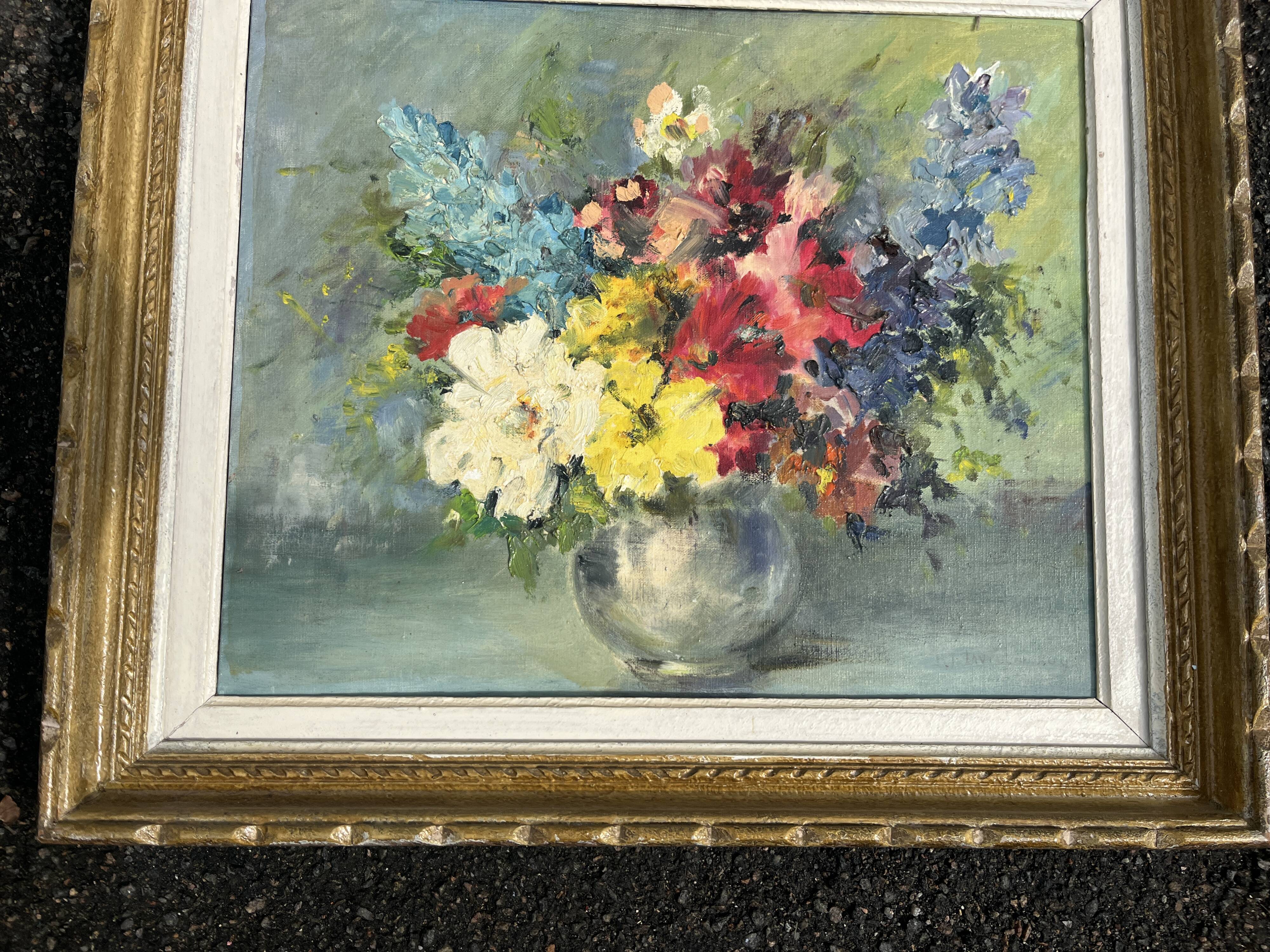 Still life of flowers in Impressionist style with a golden frame.
