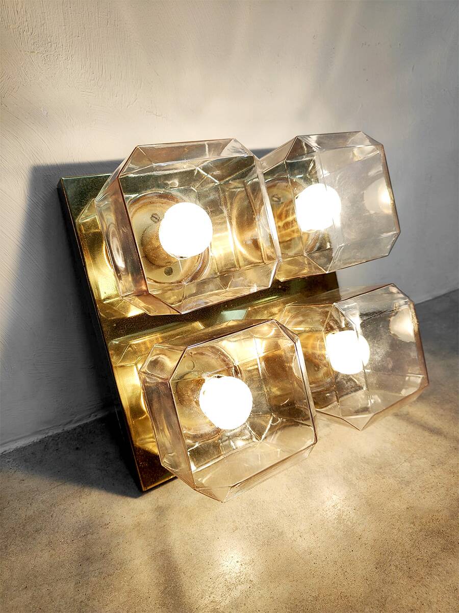 Vintage brass square flush mounts glass ceiling lamp Glashütte Limburg