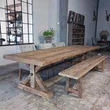 Table en chene massif ancien type Ferme pieds Etoile - longueur 250 cm
