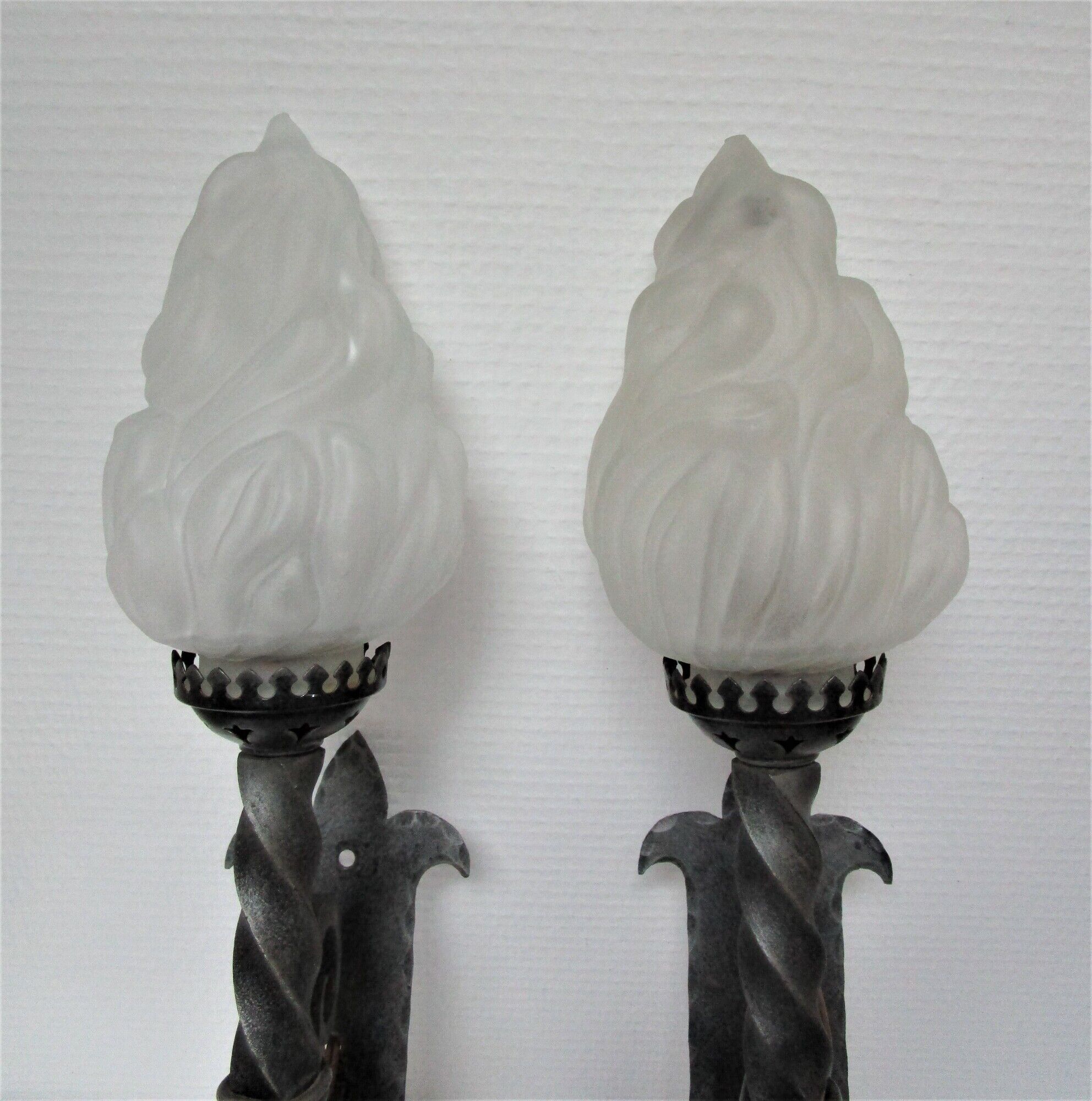 Pair of wall lamps torch glass flame and metal early XXth
