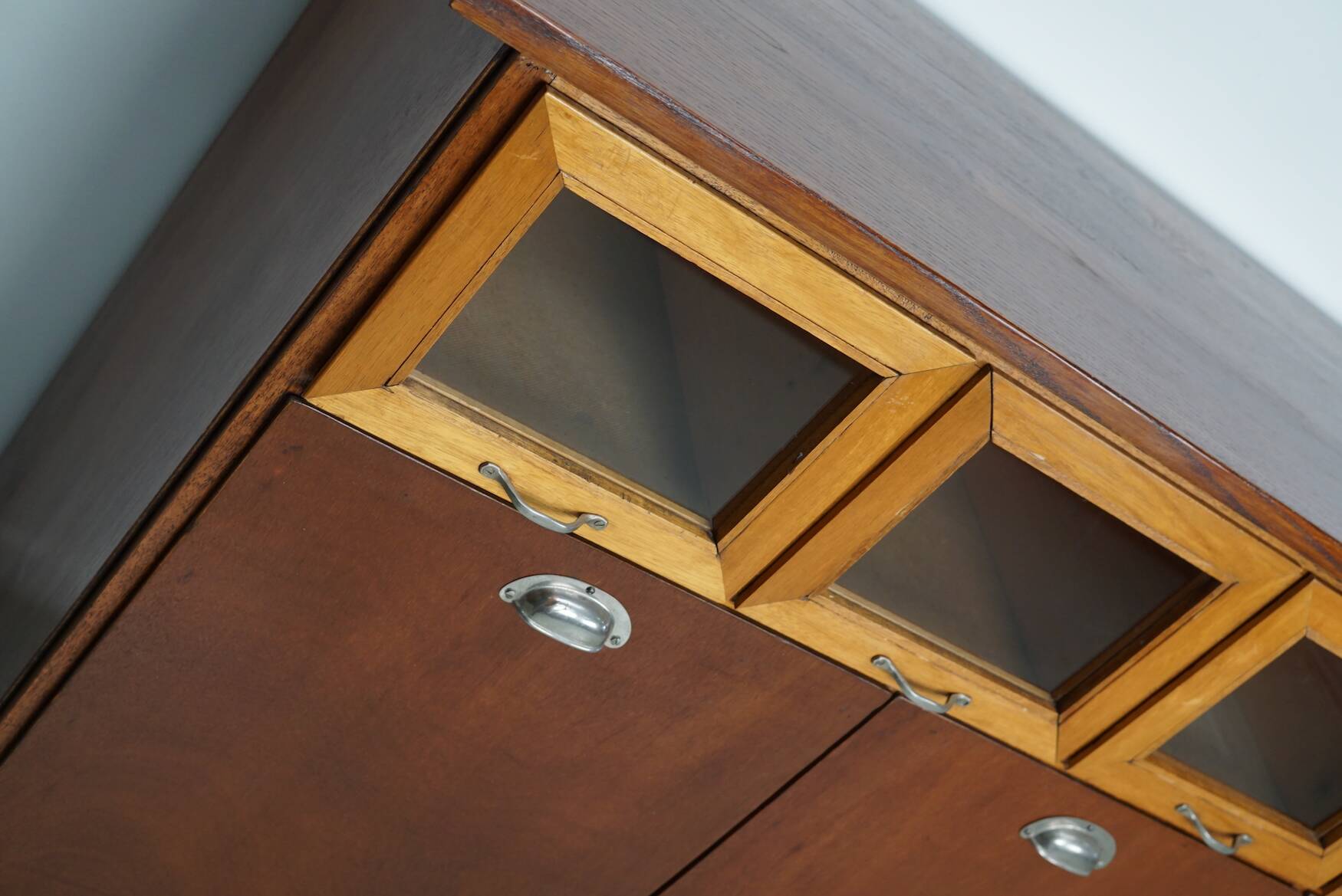 Vintage Dutch Beech & Oak Haberdashery Shop / Grain Cabinet, 1950s