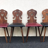 Set of 4 Alsatian chairs, wooden and skaï chair, carved wood, folk art, kitchen, living room, chalet