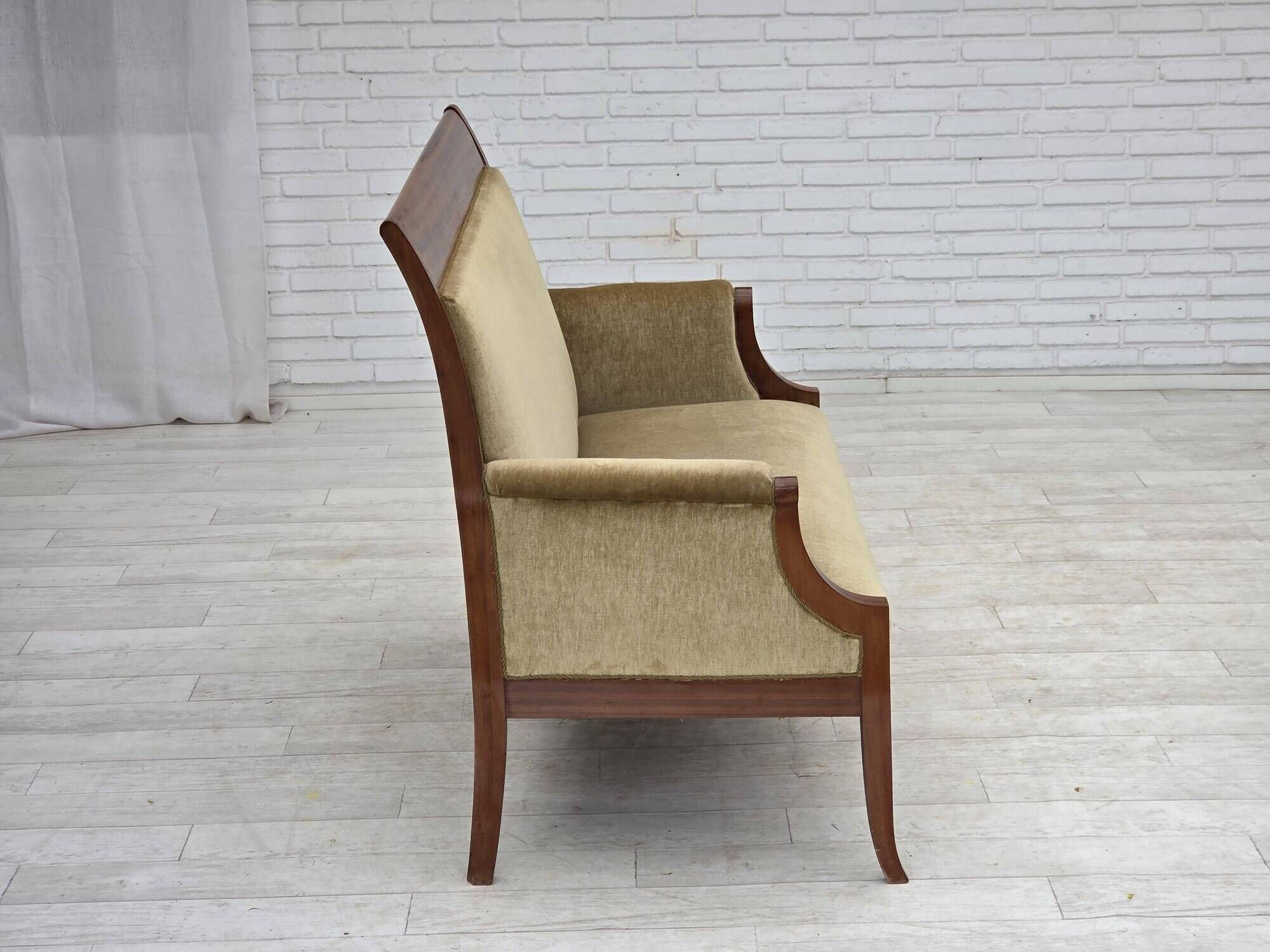 1950s, 2 seater Danish highback sofa, furniture velour, laqered teak wood.