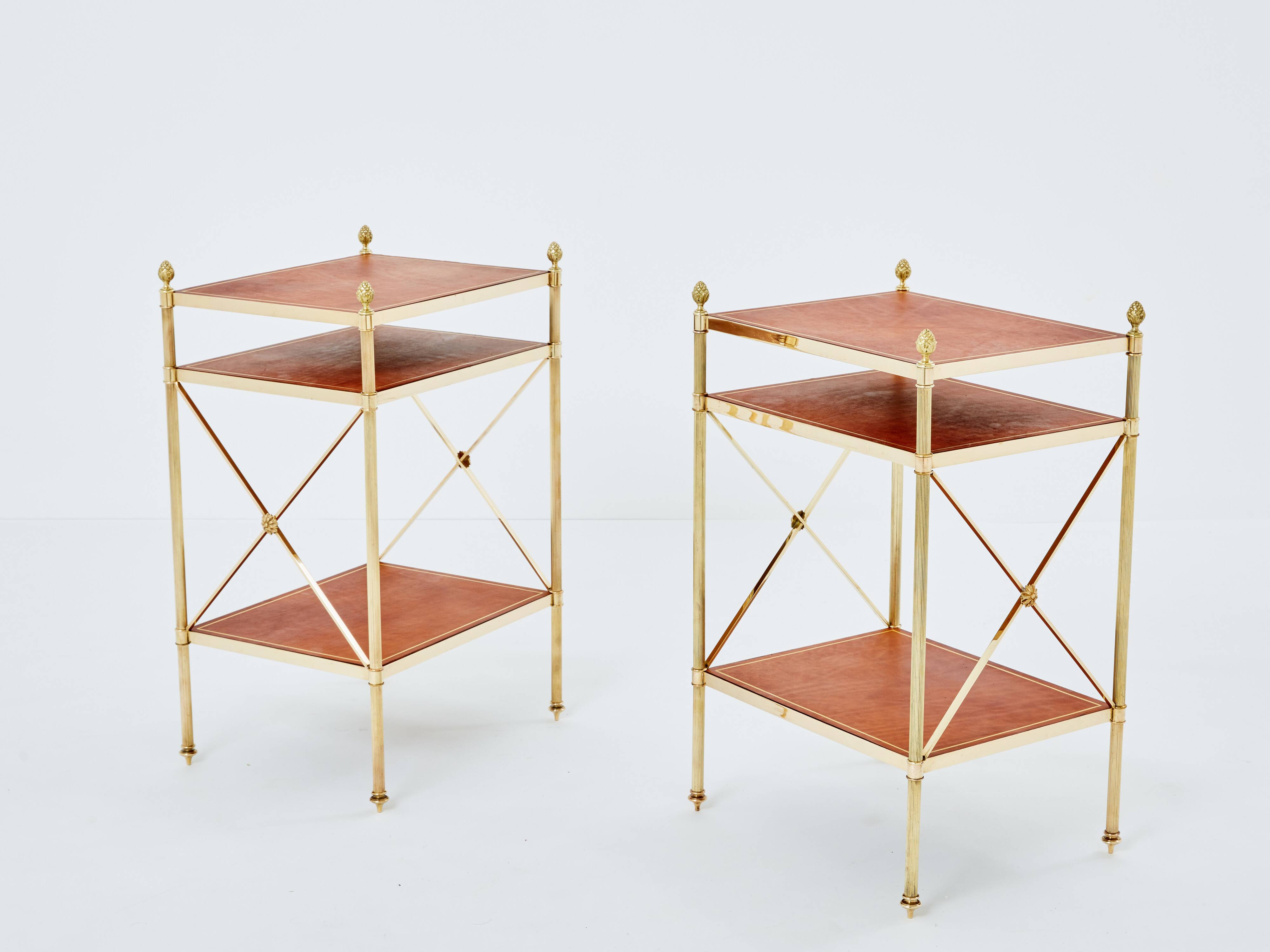Pair of neoclassical brass leather side tables style Maison Jansen 1970