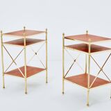 Pair of neoclassical brass leather side tables style Maison Jansen 1970