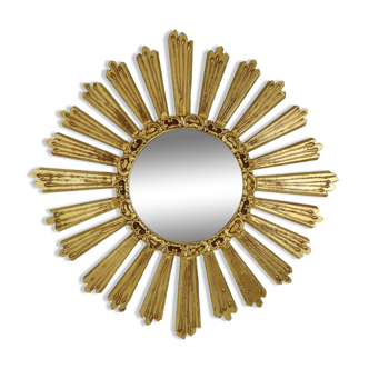 Large Wooden Sunburst Mirror Gold Butler Witch Eye 1960s